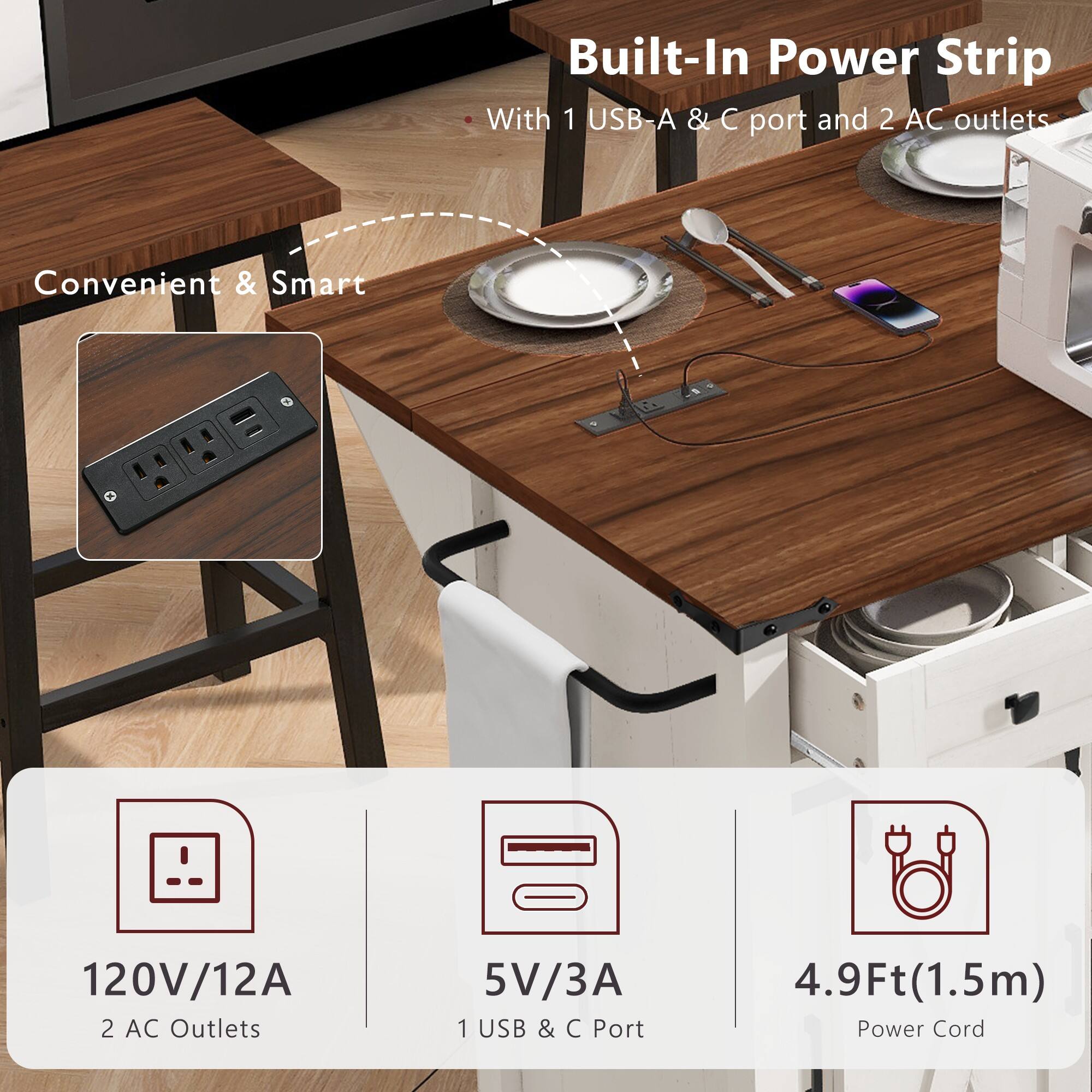 Built-In Power Strip  
With 1 USB-A & C port and 2 AC outlets  

Convenient & Smart  

120V/12A  
2 AC Outlets  

5V/3A  
1 USB & C Port  

4.9Ft (1.5m) Power Cord