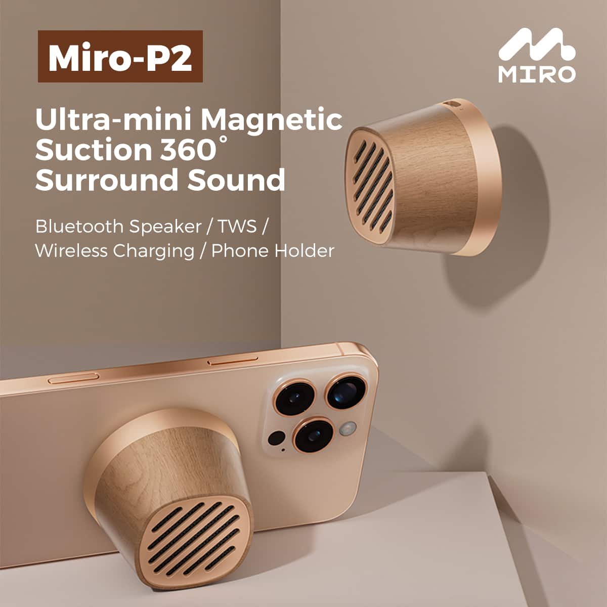 Miro-P2 Ultra-mini Magnetic Suction 360 Surround Sound MIRO Bluetooth Speaker /TWS/ Wireless Charging / Phone Holder