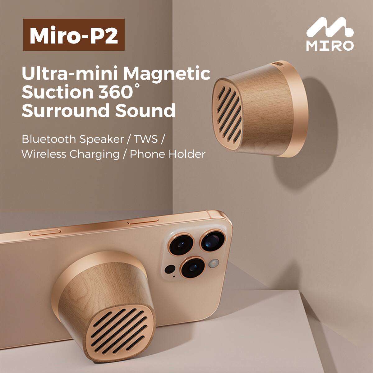 Miro-P2 Ultra-mini Magnetic Suction 360 Surround Sound MIRO Bluetooth Speaker /TWS/ Wireless Charging / Phone Holder