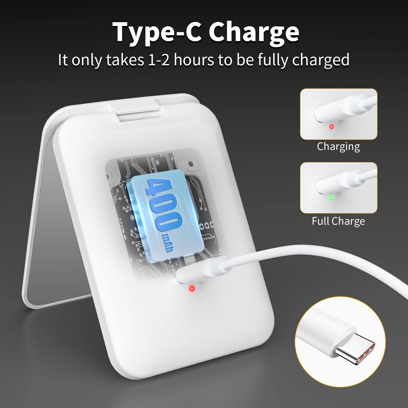 Type-C Charge  
It only takes 1-2 hours to be fully charged  

400 mAh  

Charging  
Full Charge