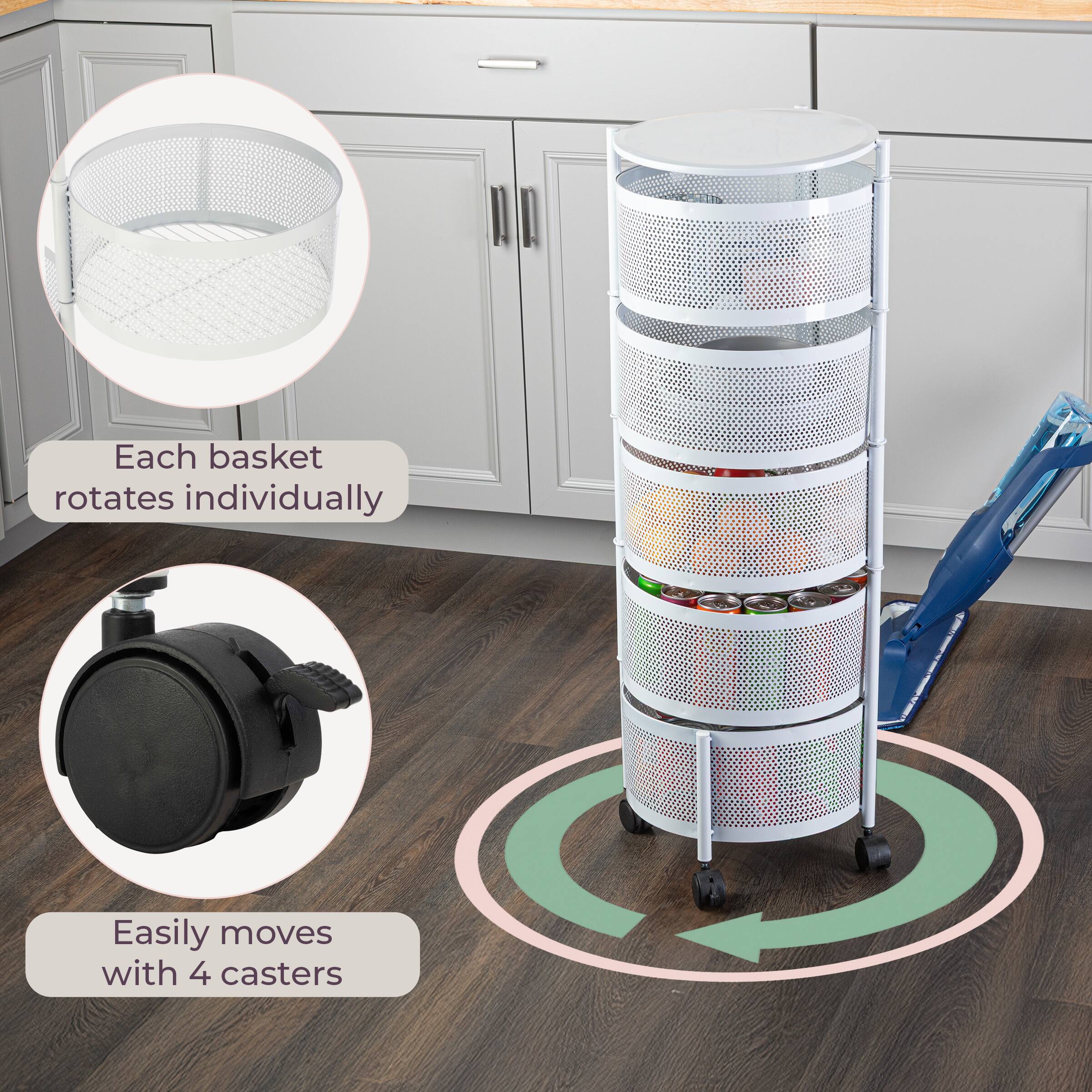 Each basket rotates individually  
Easily moves with 4 casters