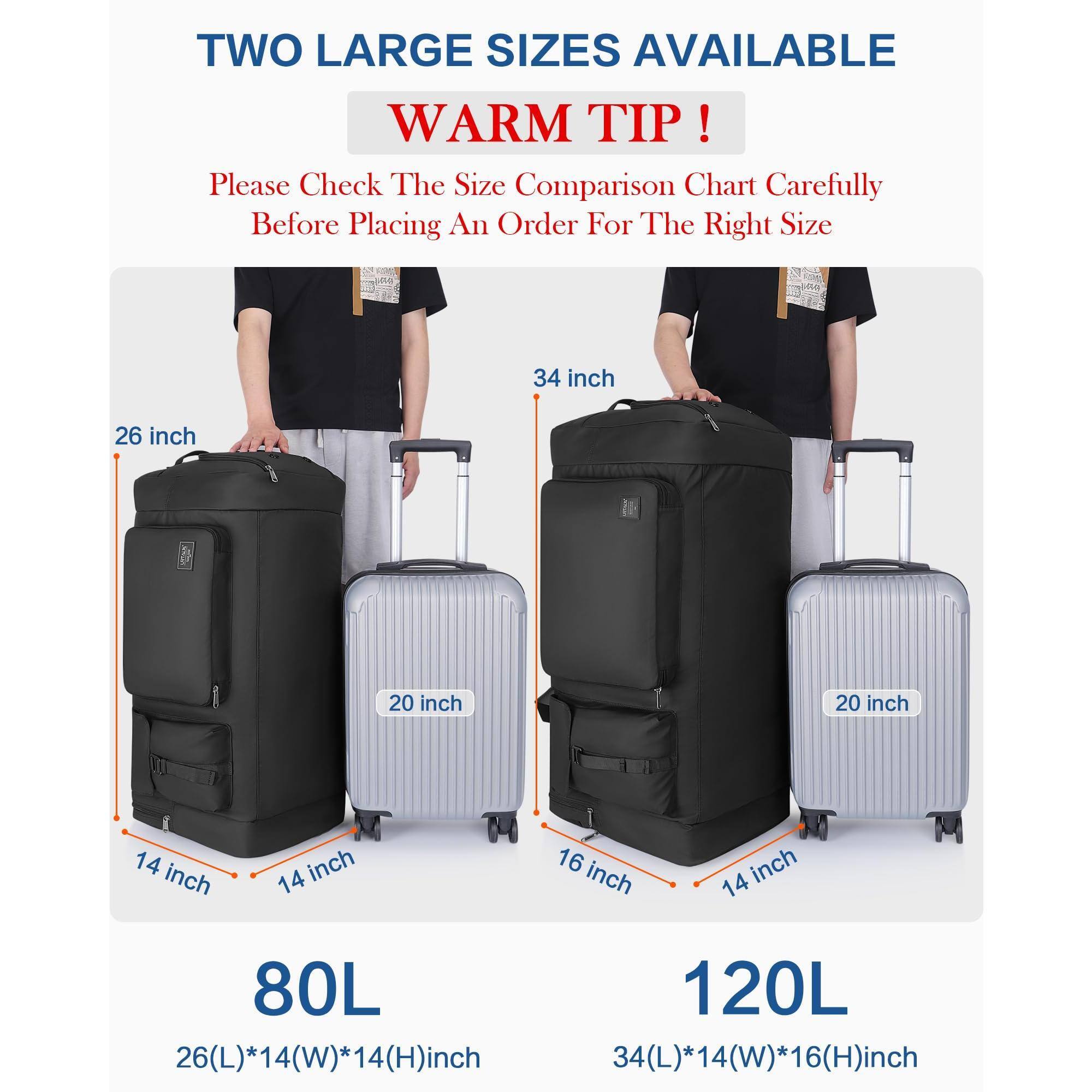 TWO LARGE SIZES AVAILABLE  
WARM TIP!  
Please Check The Size Comparison Chart Carefully Before Placing An Order For The Right Size  

80L  
26(L)*14(W)*14(H) inch  

120L  
34(L)*14(W)*16(H) inch