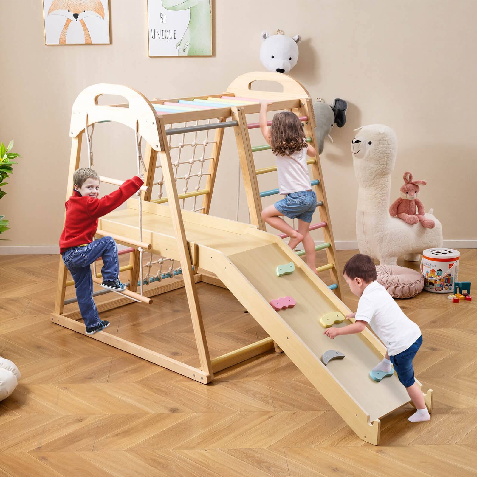 Alt View 1. Costway - Costway 8-in-1 Jungle Gym, Wooden Montessori Climber Playset with Slide and Monkey Bar - Multicolor.