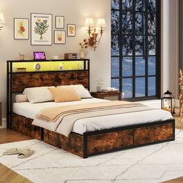 Gymax - Full Size LED Bed Frame w/2-Tier Storage Headboard & 4 Drawers Charging Station - Brown