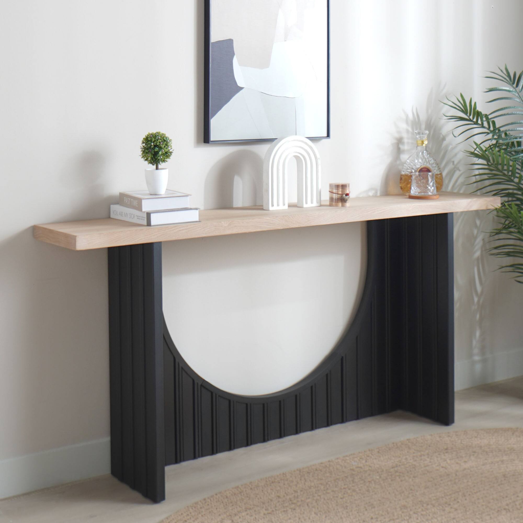 Left. GOODSILO - Modern Minimalist Console Table with Arch Base and Wood Top, Long Entryway Table for Living Room or Hallway - Black+Natural.