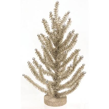 Front. BreeBe - Gleaming Celebration Tinsel Tree 14" - Gold, Silver.