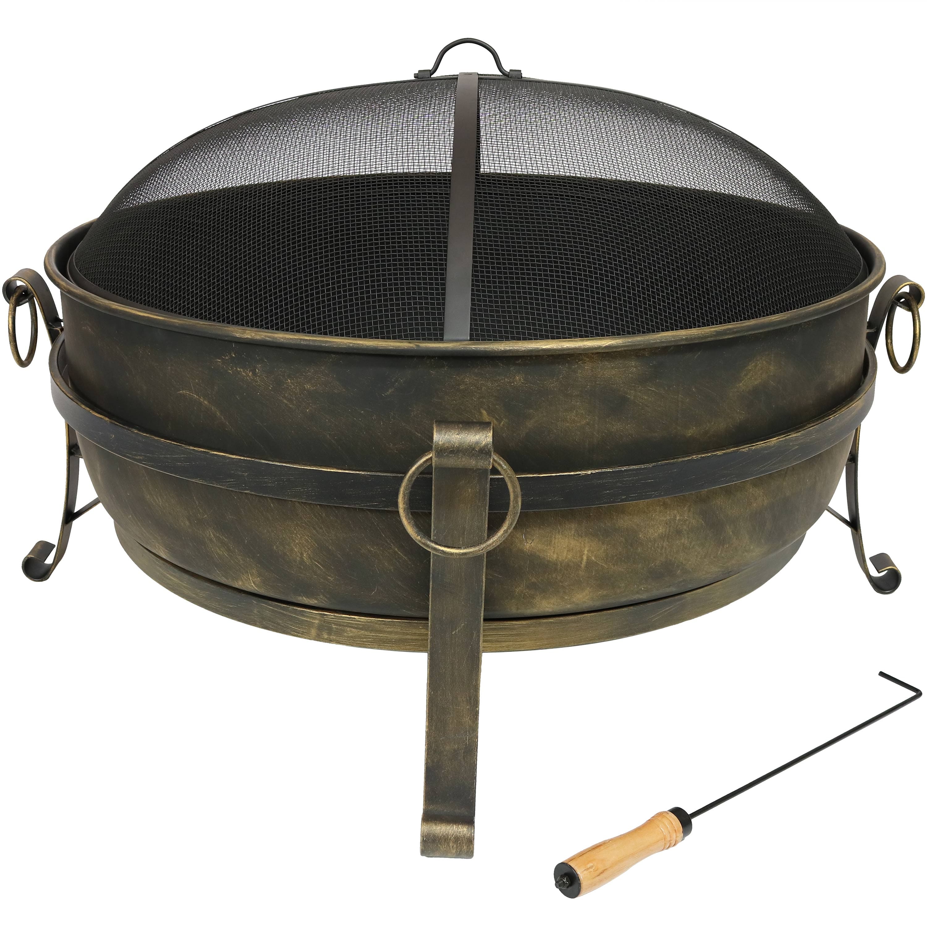 Front. Sunnydaze - 34 in Cauldron Outdoor Fire Pit Bowl with Spark Screen and Poker - Black.