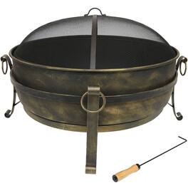 Sunnydaze - 34 in Cauldron Outdoor Fire Pit Bowl with Spark Screen and Poker - Black