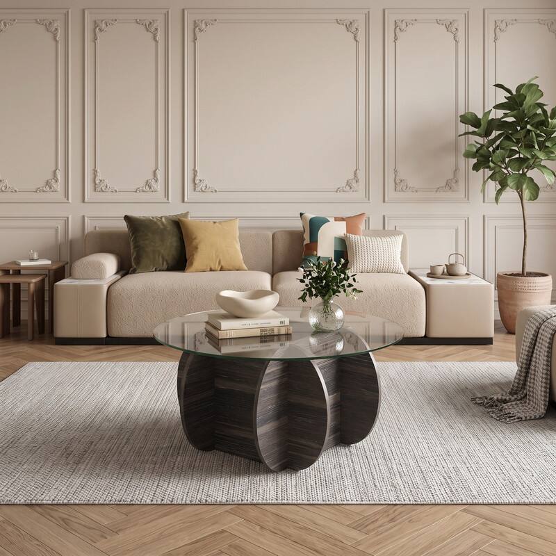 Angle. WELLFOR - 35" Modern Round Coffee Table with Tempered Glass Top and Solid Wood Base, Unique Circle Center Table for Living Room - Black.