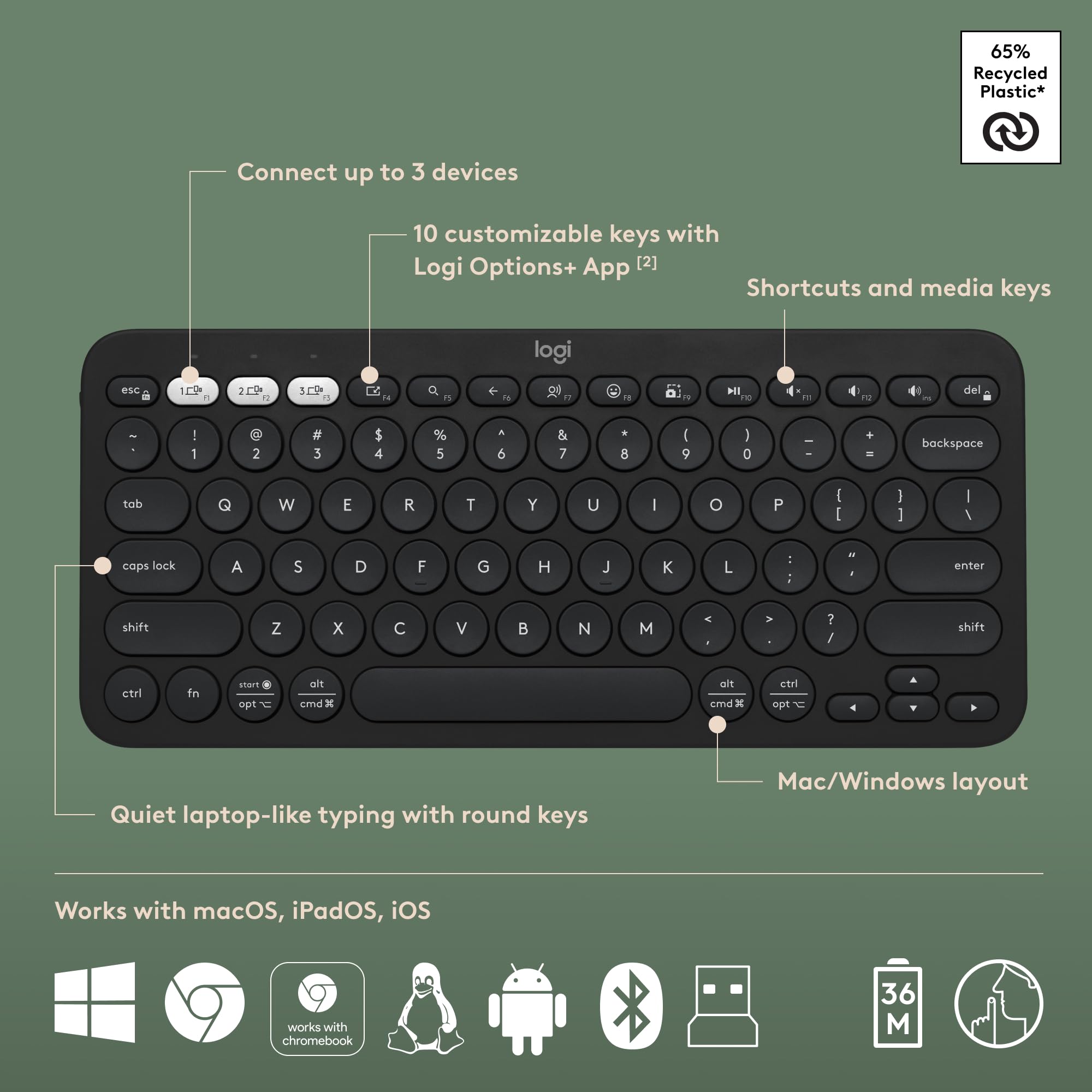 65% Recycled Plastic*  
Connect up to 3 devices  
10 customizable keys with Logi Options+ App [2]  
Shortcuts and media keys  
Quiet laptop-like typing with round keys  
Mac/Windows layout  
Works with macOS, iPadOS, iOS, Chromebook  

*65% Recycled Plastic*