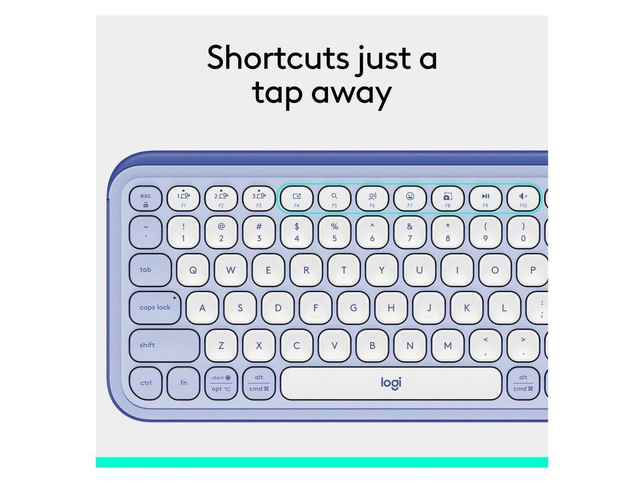 Shortcuts just a tap away

esc 1 1E9 n 2  F2 3 3EO F3 T4 Q F5 Fo F7 FB HI F9 4 . F10 : ! 1 a 2 # 3 $ 4 % 5 A 6 & 7 * 8 ( 9 : 0 tab Q W E R T Y U I O P caps lock A S D F G H J K L : : shift Z X C V  N M < - > ctrl fn start opt alt cmnd x logi alt cmd x
