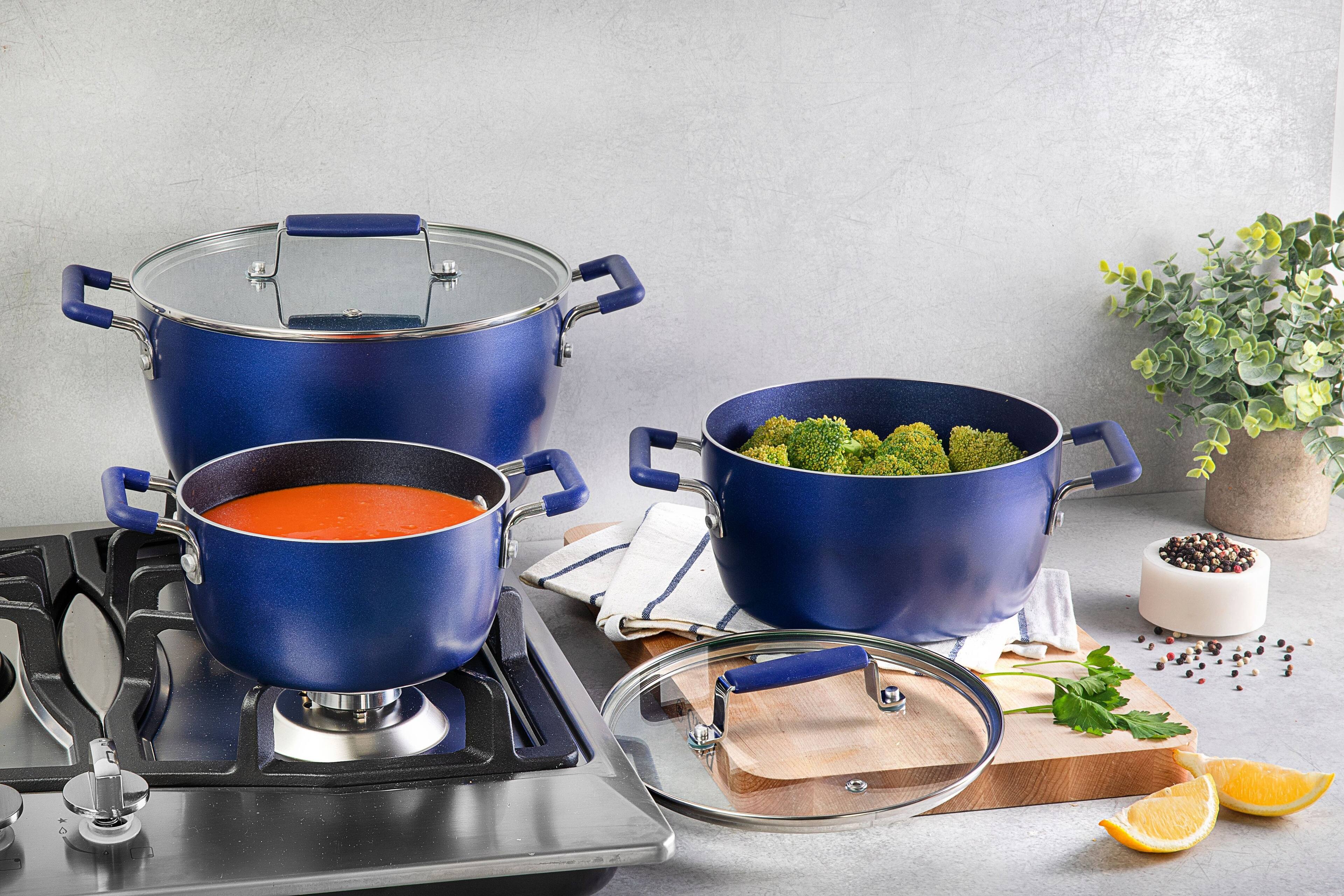 Alt View 2. Granitestone - Granitestone 6 Piece Stackable Nonstick Blue Nesting Pots with Lids - Blue.