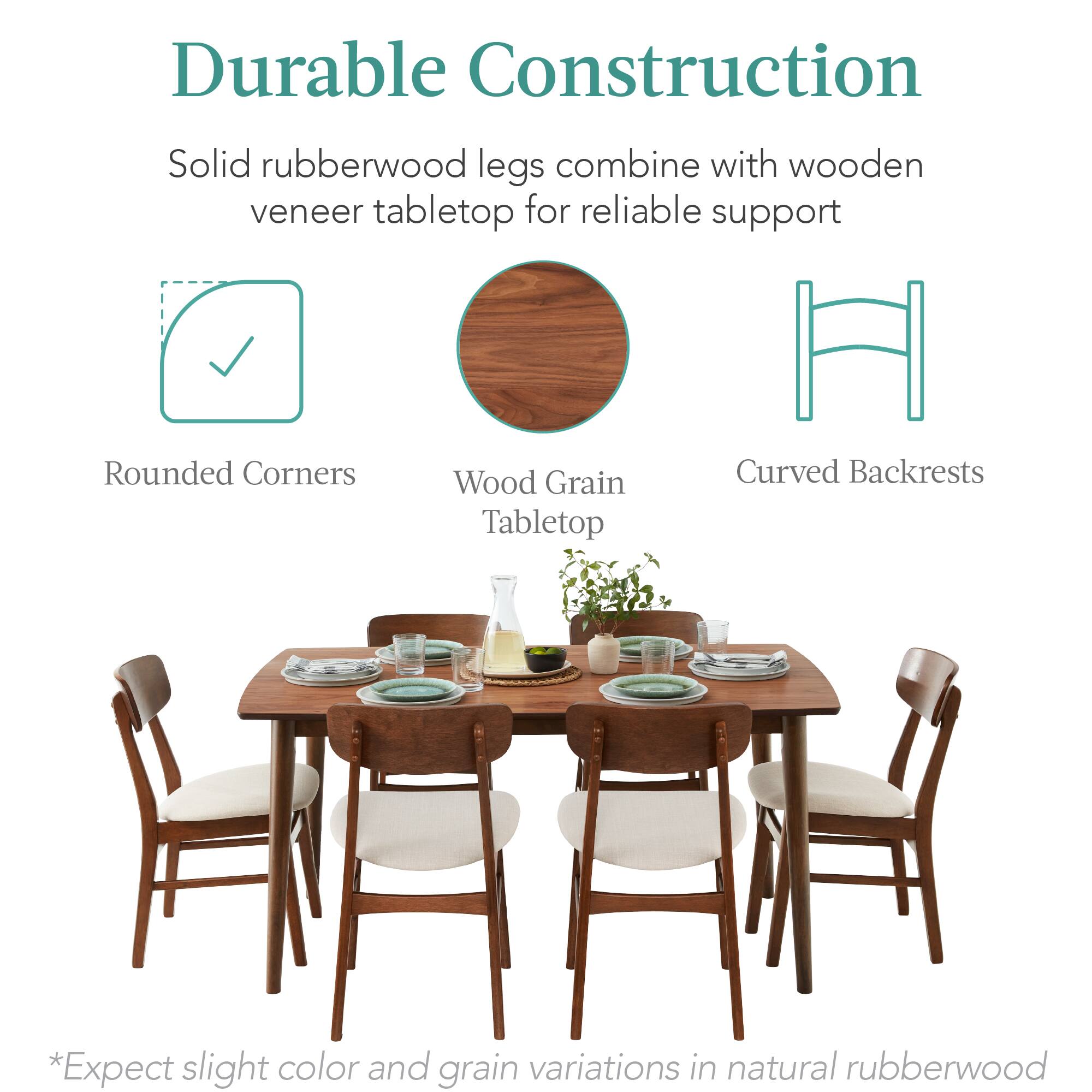 Durable Construction

Solid rubberwood legs combine with wooden veneer tabletop for reliable support

- Rounded Corners
- Wood Grain Tabletop
- Curved Backrests

*Expect slight color and grain variations in natural rubberwood