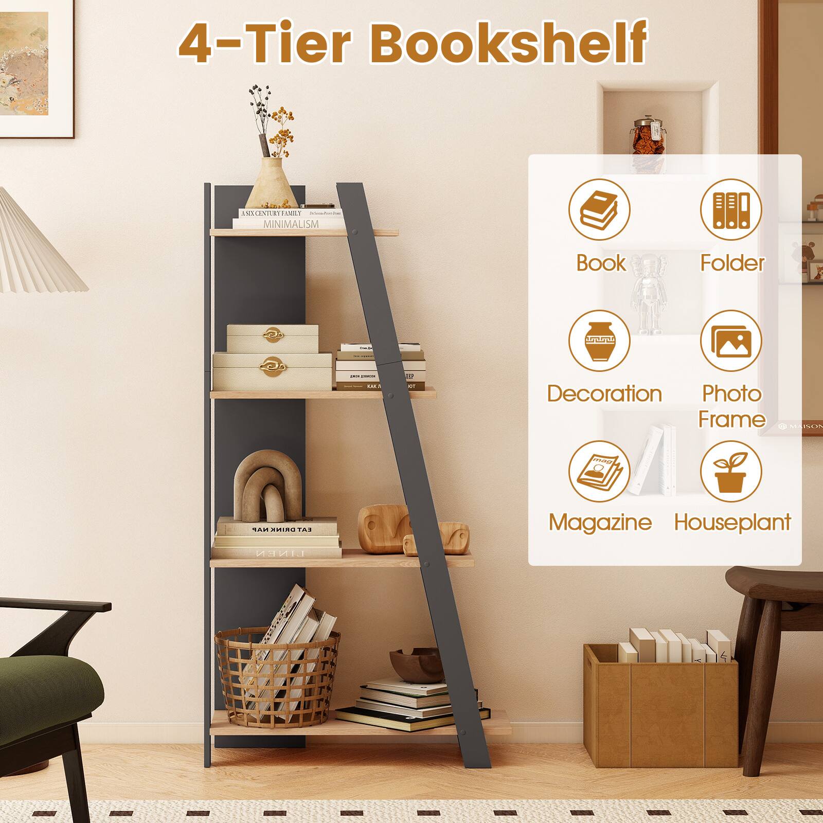4-Tier Bookshelf AMECENIRYFAMLT AMILY MINIMALISM Book Folder 2 O I : | ... T T a02 Decoration Photo Frame ESISLEN poma NAP MMIRO TA Magazine Houseplant LINEN