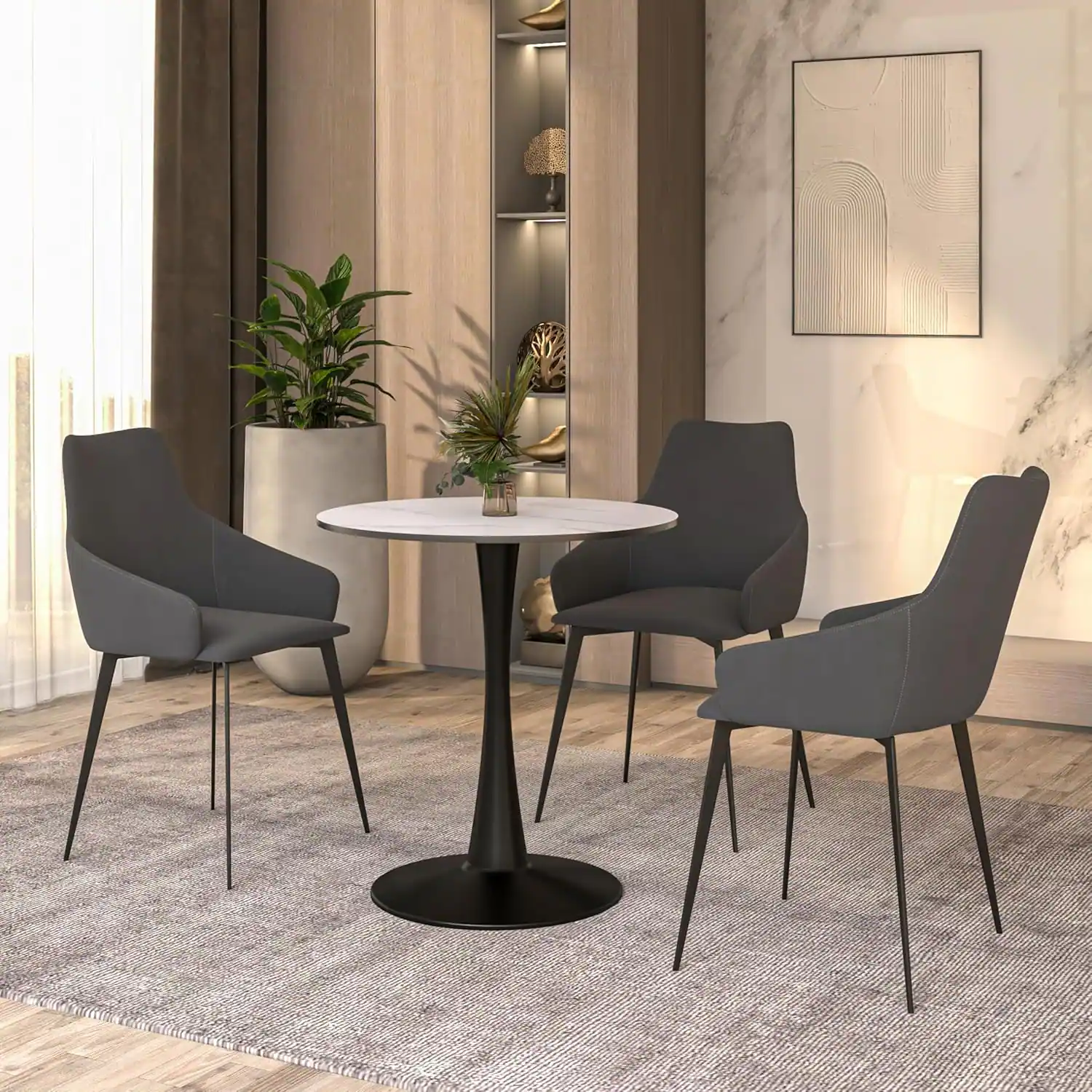 Left. LeisureMod - Bristol 24 in. Round Dining Table – Modern MDF Top Accent Café Table & Sturdy Steel Black Pedestal Base - Marbled White.