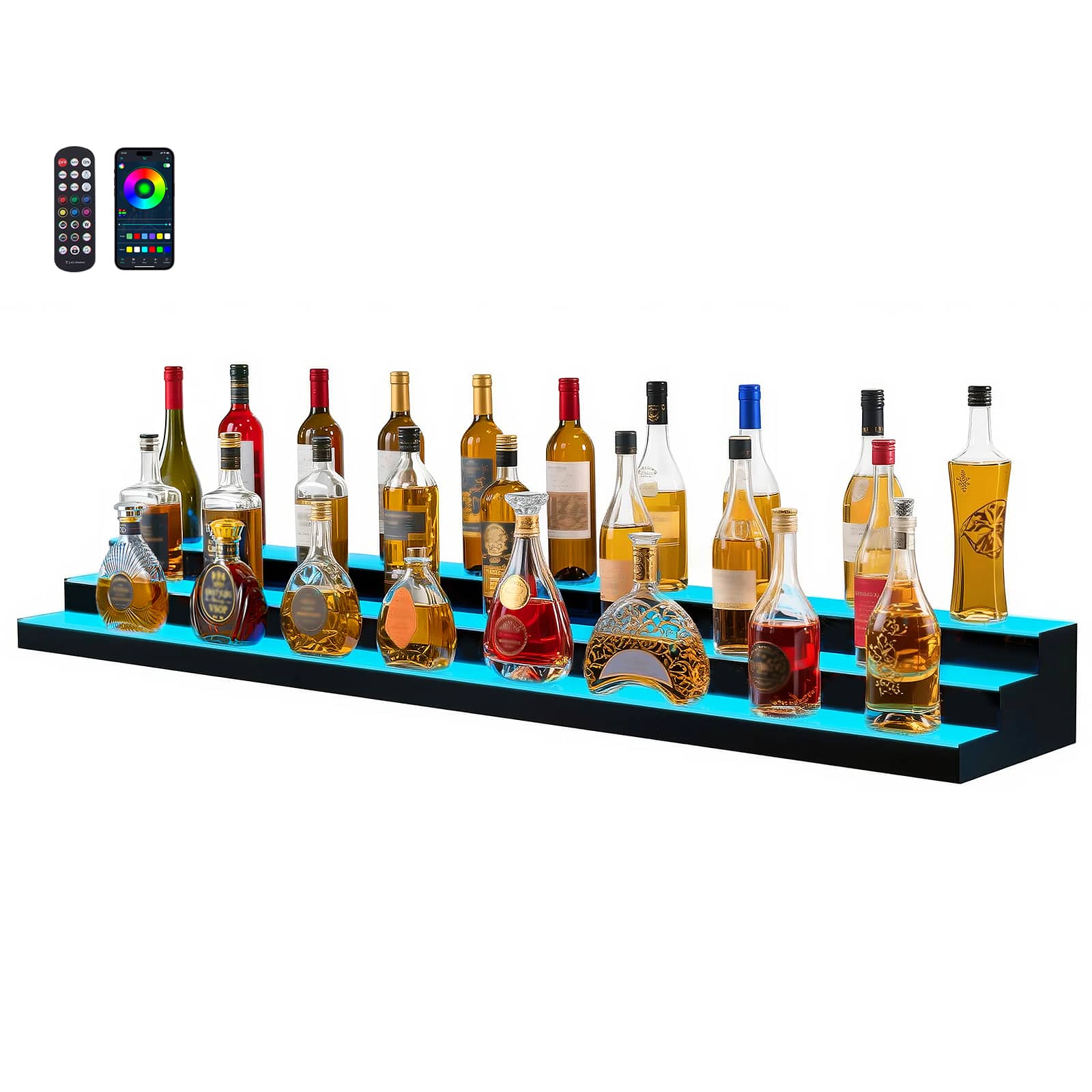 VEVOR - LED Lighted Liquor Bottle Display,3-Tier 70Inch, Illuminated Home Bar Shelf with RF Remote & App Control,7 Static Colors - Black,White