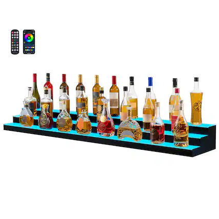 Front. VEVOR - LED Lighted Liquor Bottle Display,3-Tier 70Inch, Illuminated Home Bar Shelf with RF Remote & App Control,7 Static Colors - Black,White.