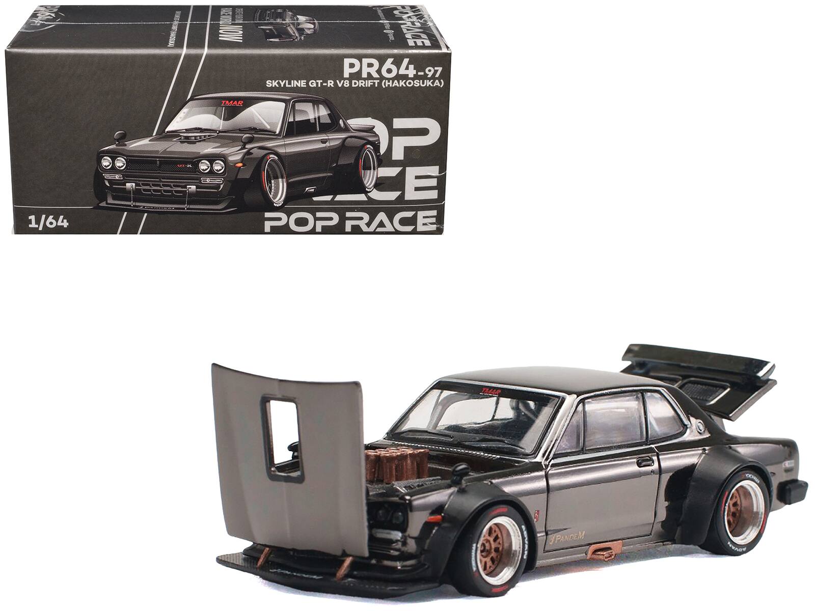 Skyline GT-R V8 Drift "Hakosuka" RHD (Right Hand Drive) 1/64 Diecast Model Car by Pop Race - Dark Chrome