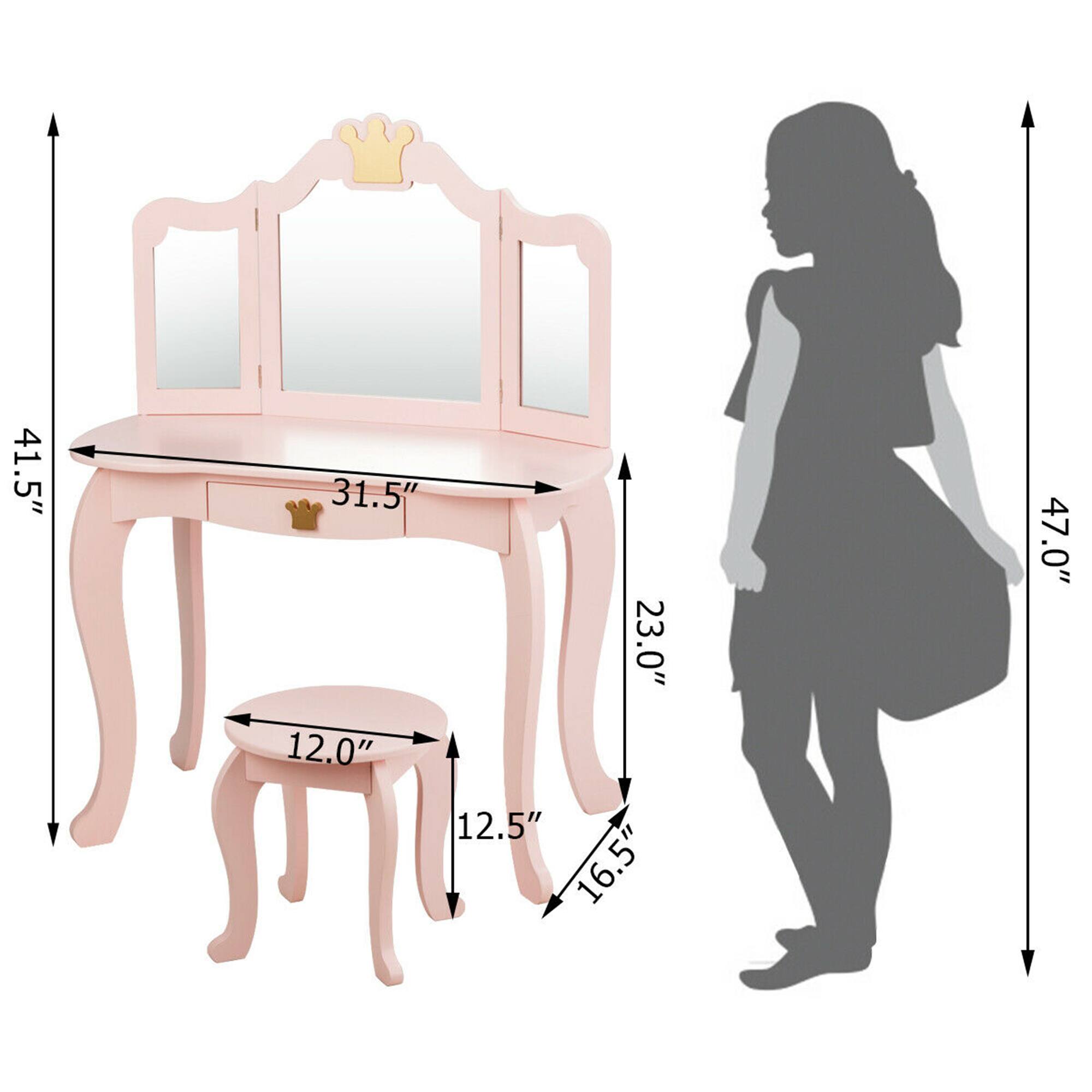 The text on the image is grouped as follows:

- Dimensions of the vanity table: 41.5" (height), 31.5" (length), 23.0" (depth)
- Dimensions of the stool: 12.0" (width), 12.5" (height)
- Height of the person: 47.0"