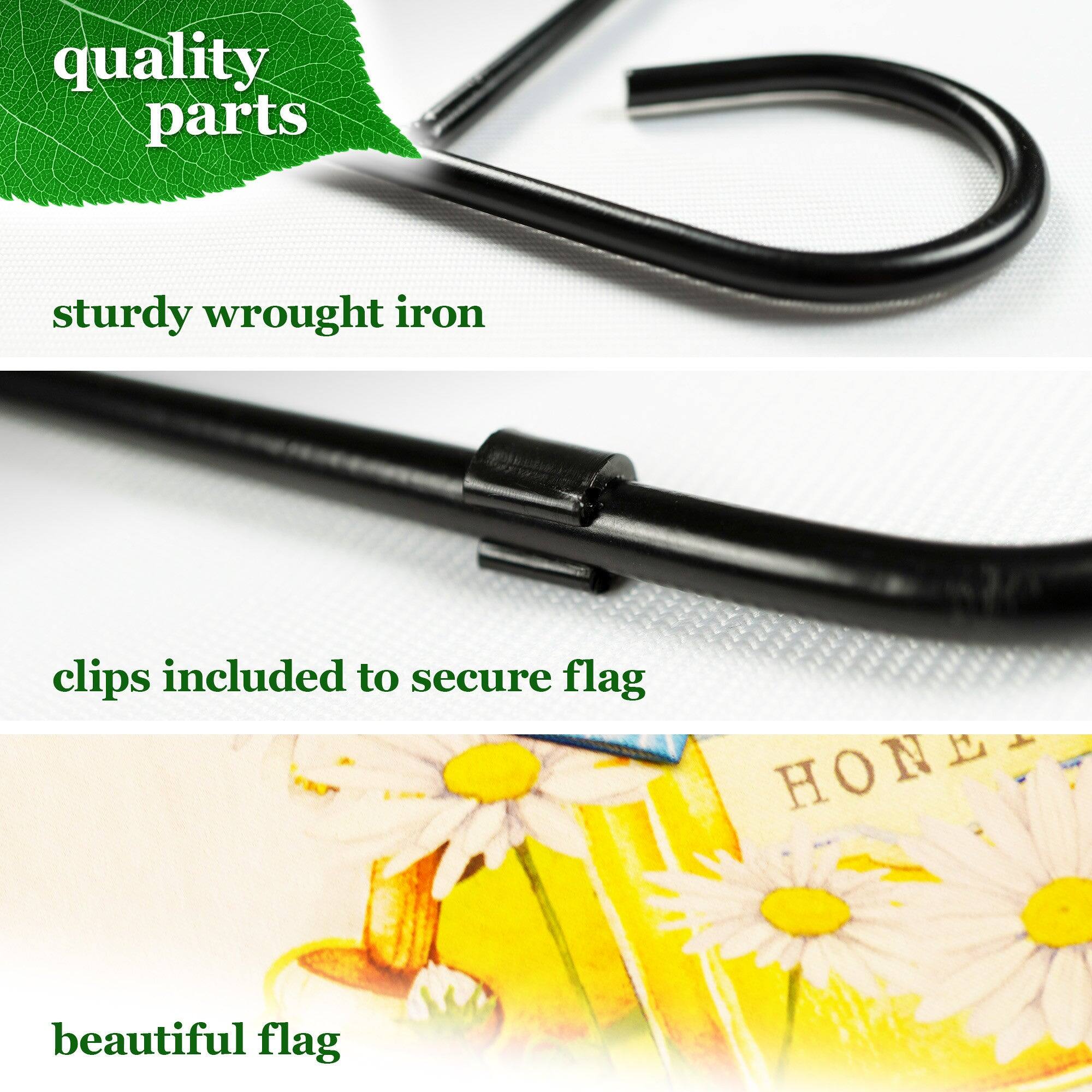 quality parts  
sturdy wrought iron  
clips included to secure flag  
beautiful flag