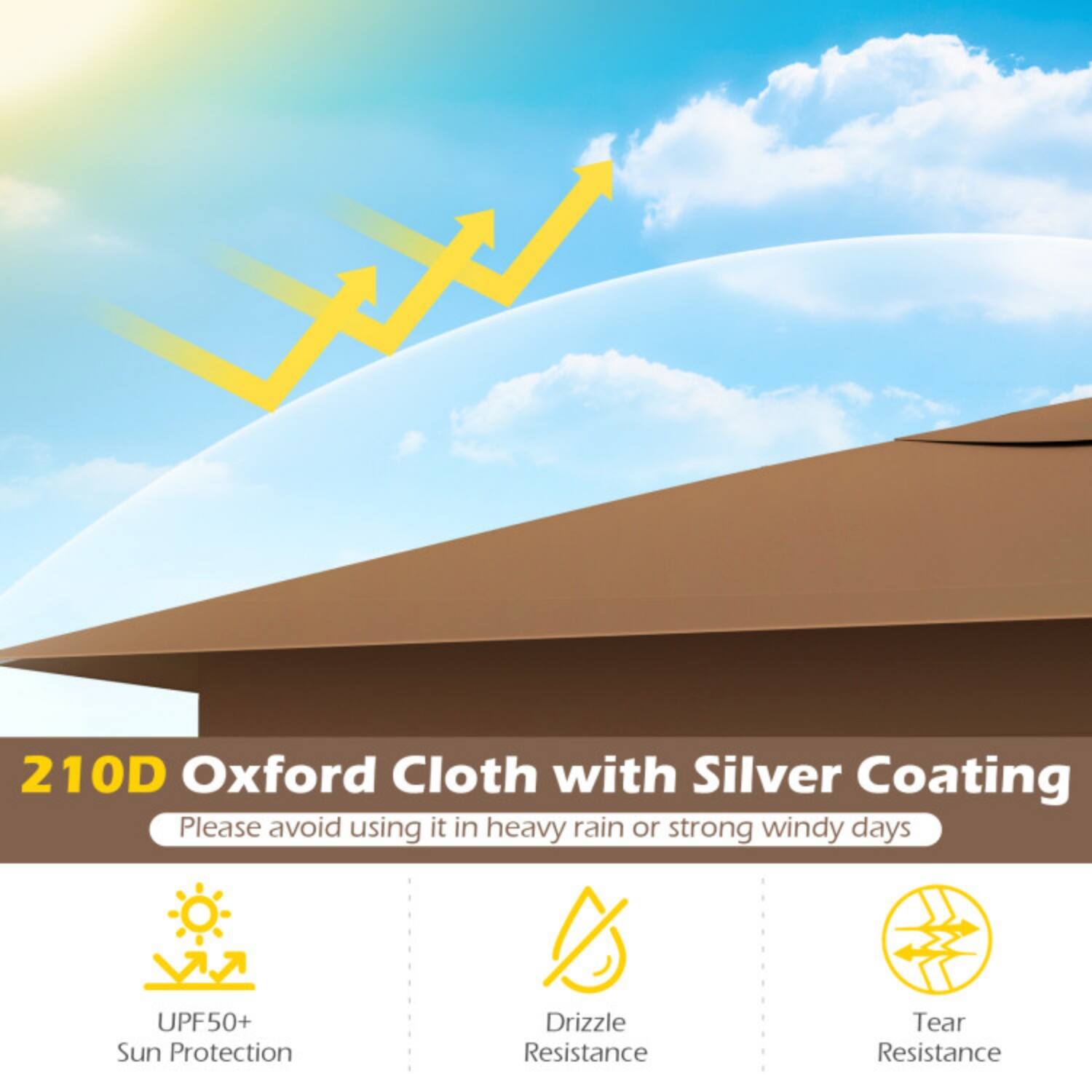 210D Oxford Cloth with Silver Coating  
Please avoid using it in heavy rain or strong windy days  

- UPF50+ Sun Protection  
- Drizzle Resistance  
- Tear Resistance