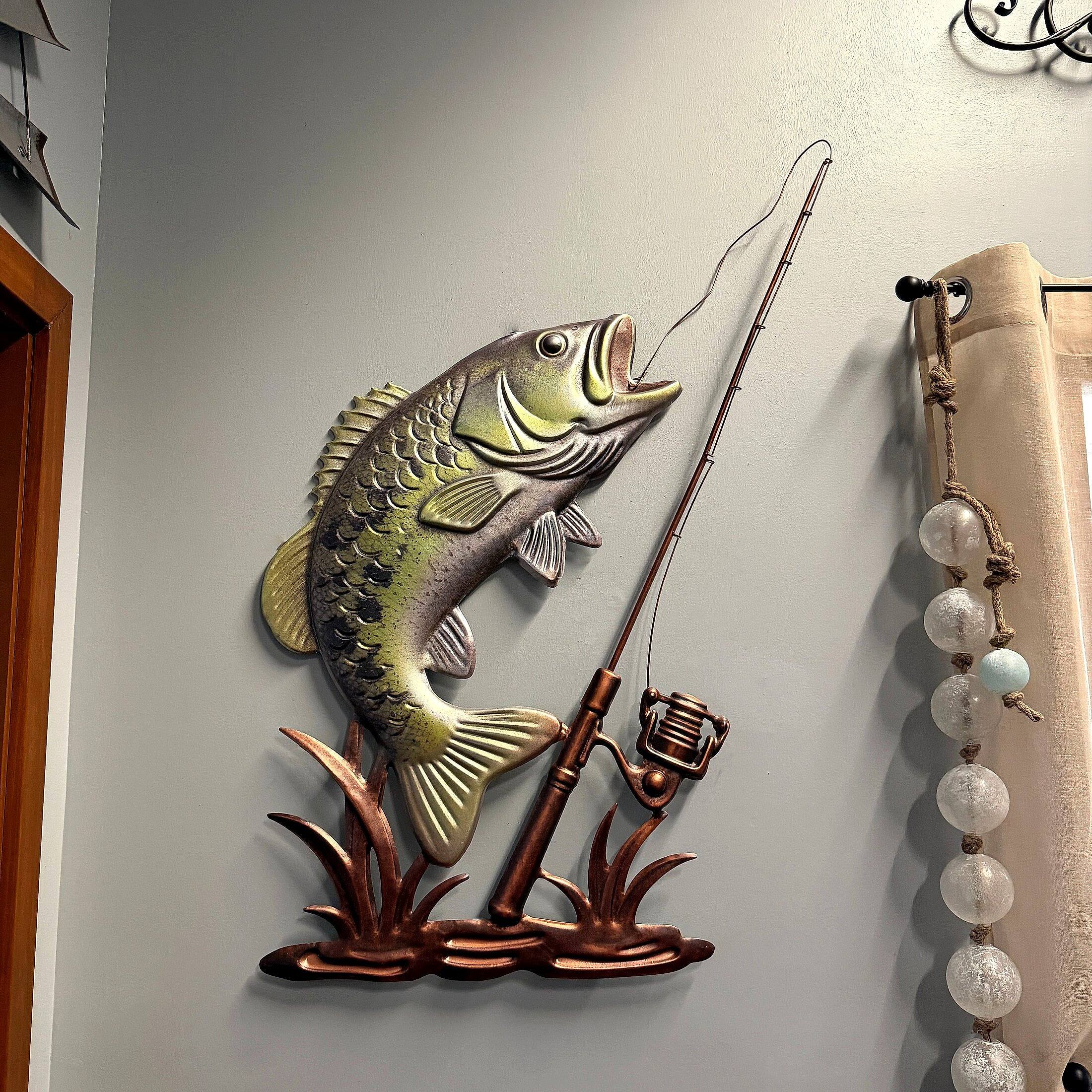 Alt View 5. Things2Die4 - Fish Wall Sculpture Largemouth Bass Fishing Rod Metal 39.5 Inch Tall - Green.