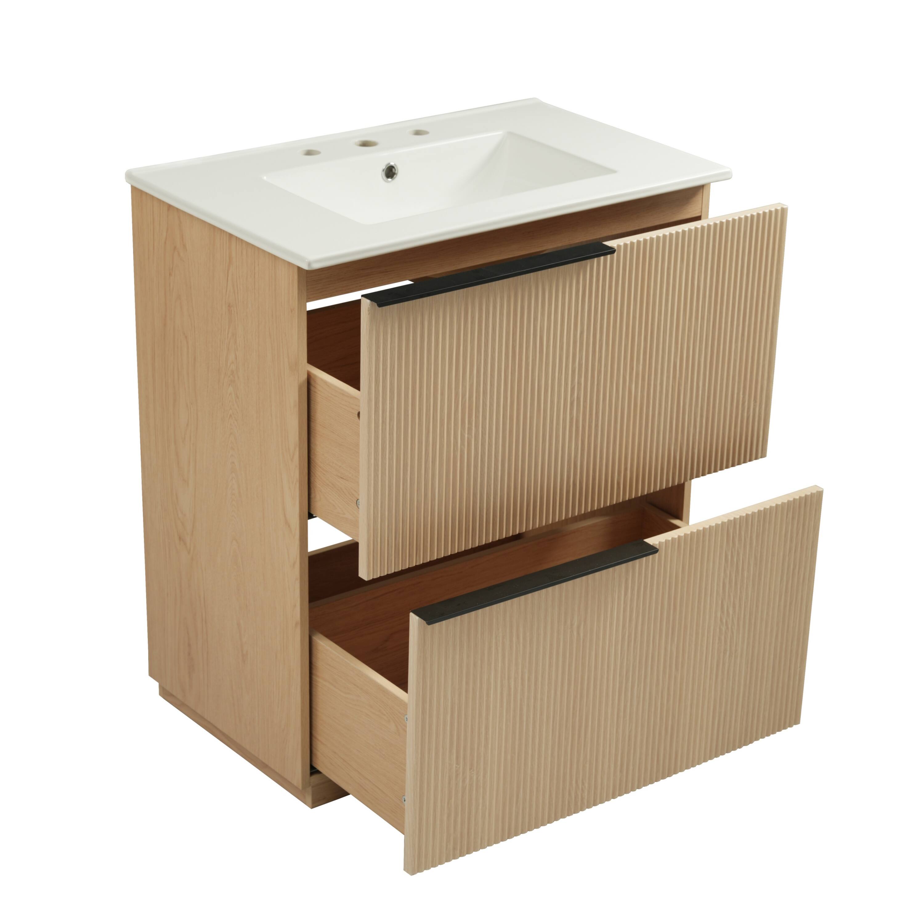 Left. Boyel Living - 30 Inch Bathroom Vanity with Ceramic Sink Full Extension Drawers Soft Close Fluted Design Natural - Natural.