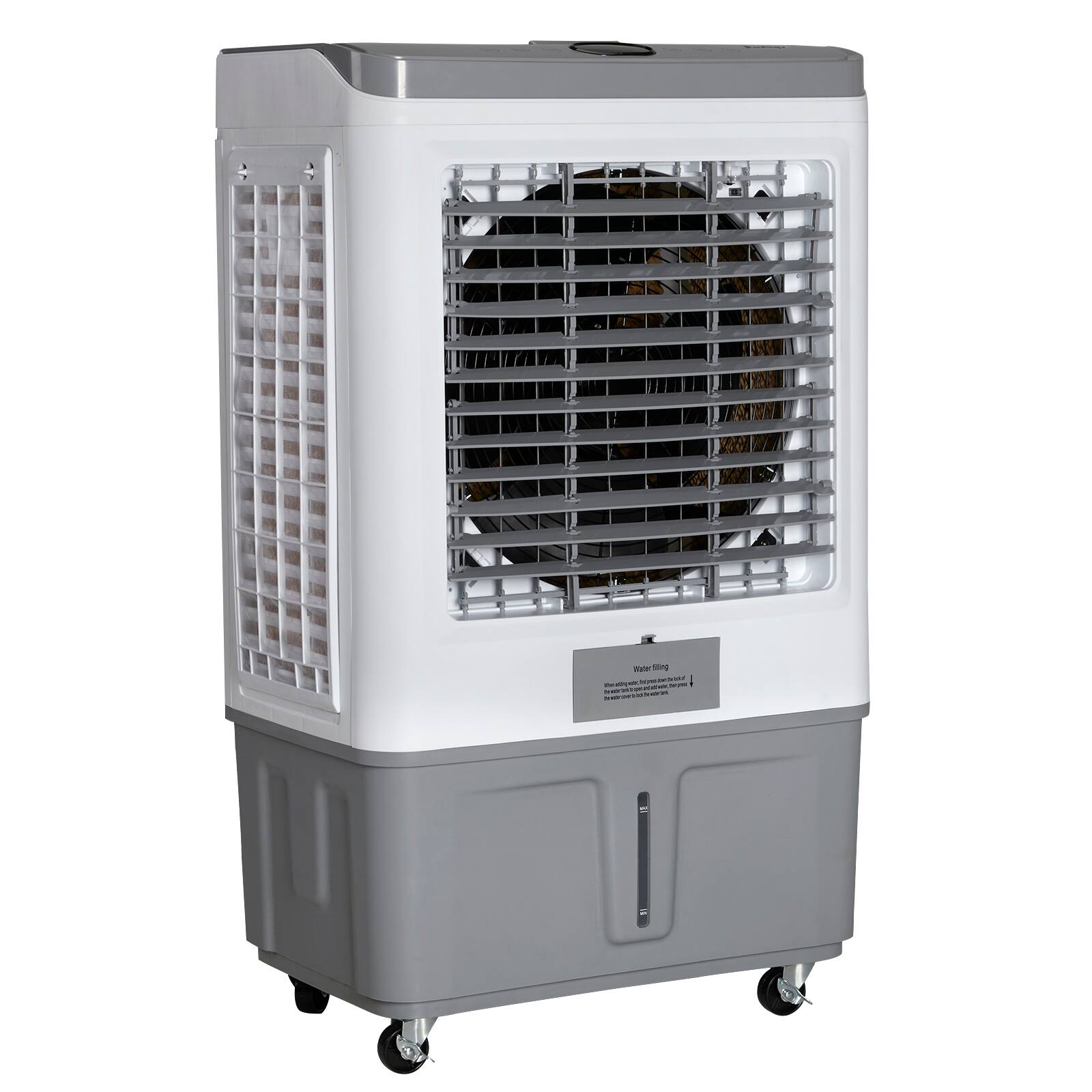 Left. Winado - 15.8Gal Portable Swamp Cooler, 2941CFM Evaporative Air Cooler with Continuous Fill, Auto Oscillating, Remote, 3 Speeds - White & Gray.