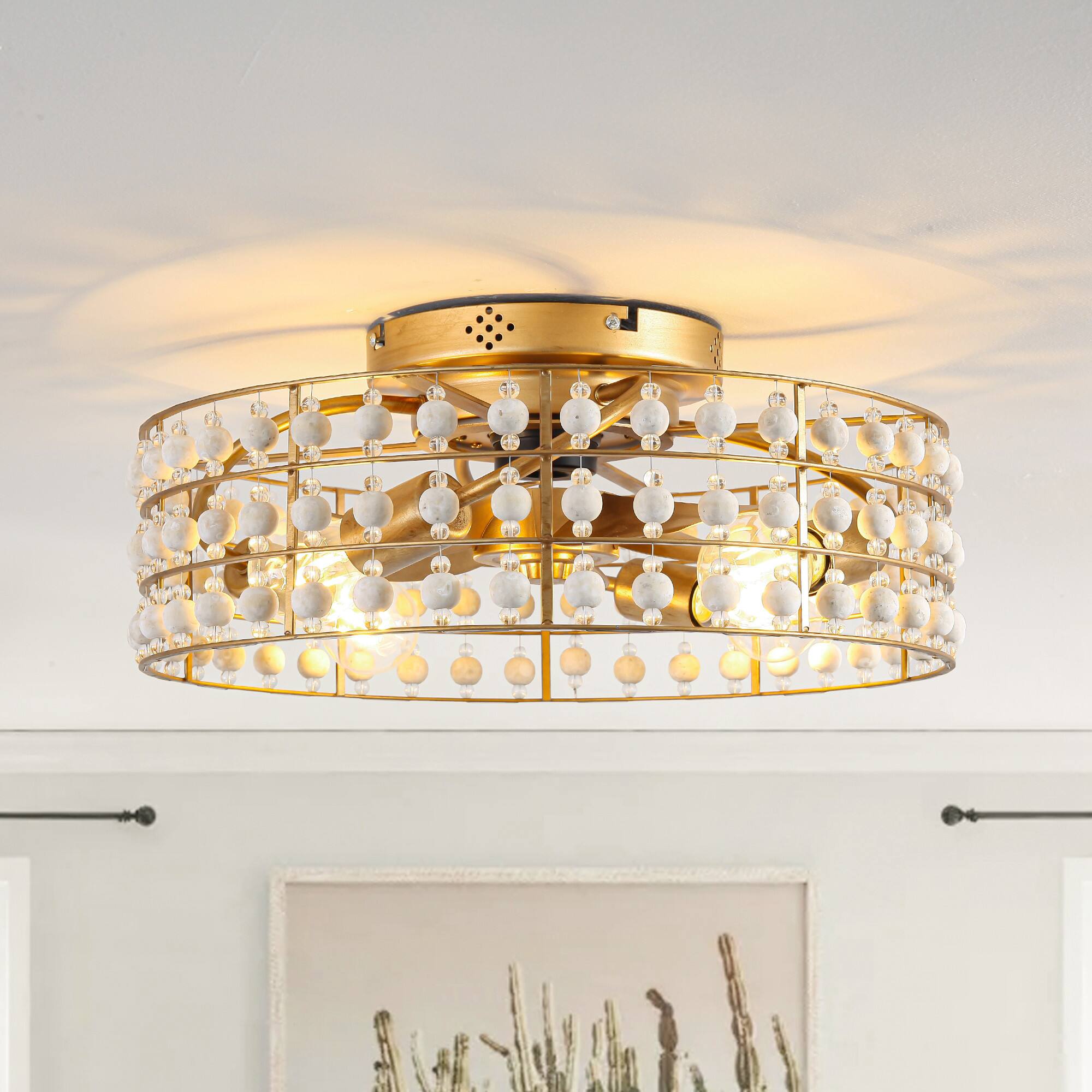 Back. Parrot Uncle - 18.3 in. Caged Smart Ceiling Fan with Light and Remote and APP Control - Antique Gold.