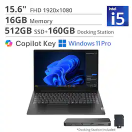 Lenovo - V15 15.6" FHD Laptop,Intel Core i5-13420H,16GB RAM,512GB SSD+1TB Dock Set,720p HD Camera,Win 11 Pro - Black