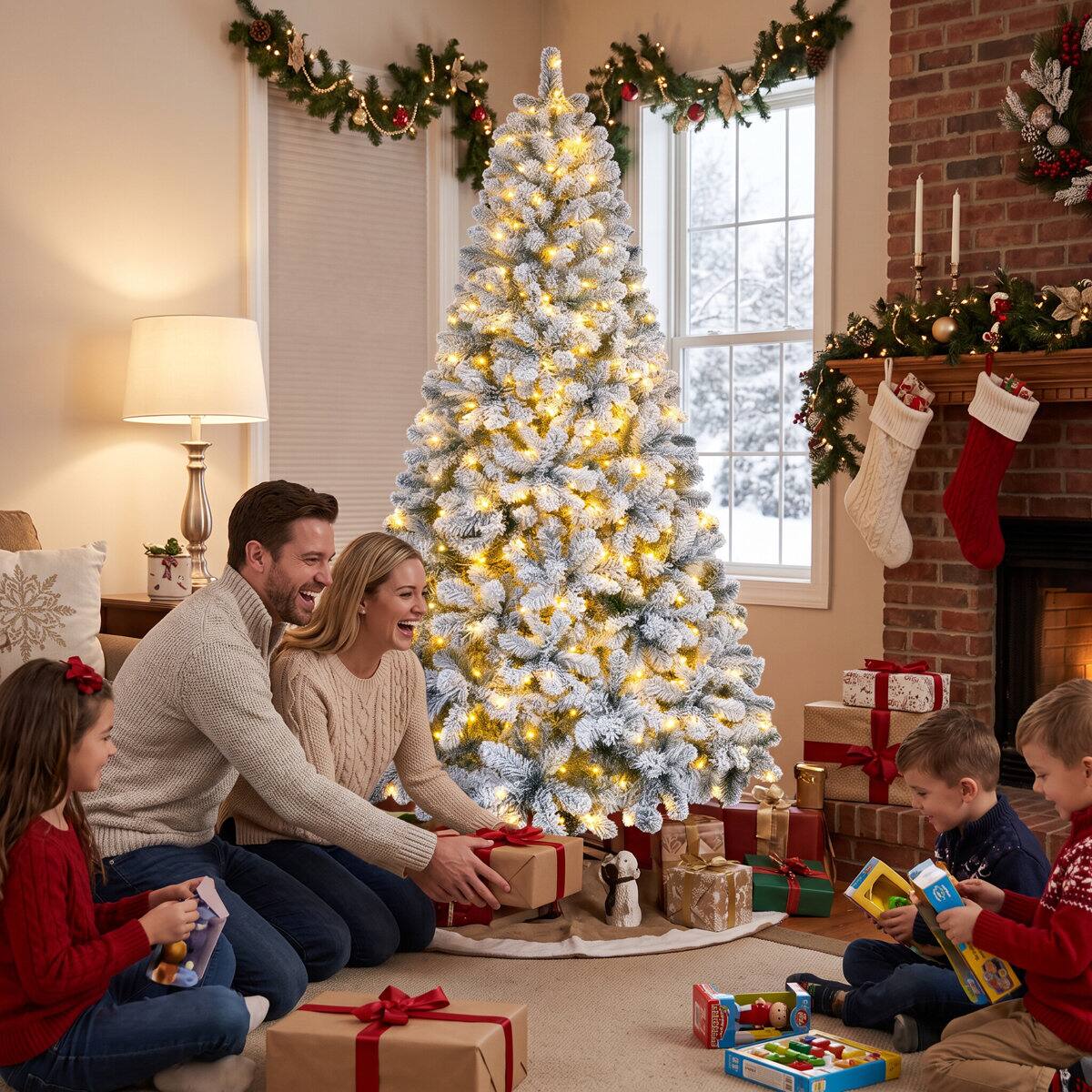 Alt View 2. Wisairt - 6FT Pre-Lit Flocked Artificial Christmas Tree, 800 Snowy Tips, 250 LED 11 Modes - Green.