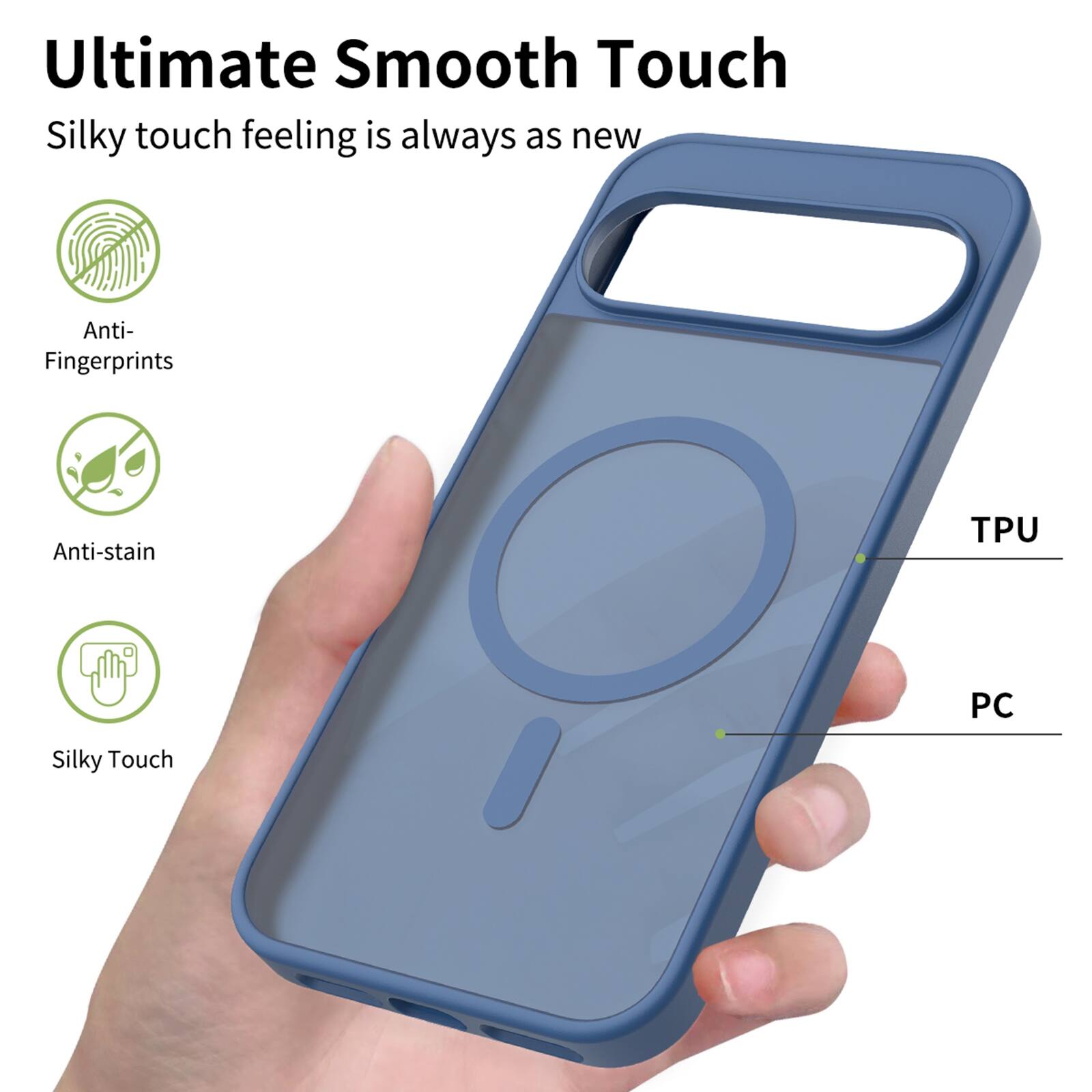 Ultimate Smooth Touch  
Silky touch feeling is always as new  

Anti-Fingerprints  
Anti-stain  
Silky Touch  

TPU  
PC