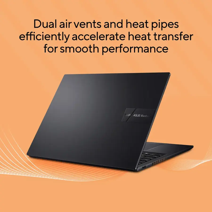 Dual air vents and heat pipes efficiently accelerate heat transfer for smooth performance. ASUS Vivobook laptop.