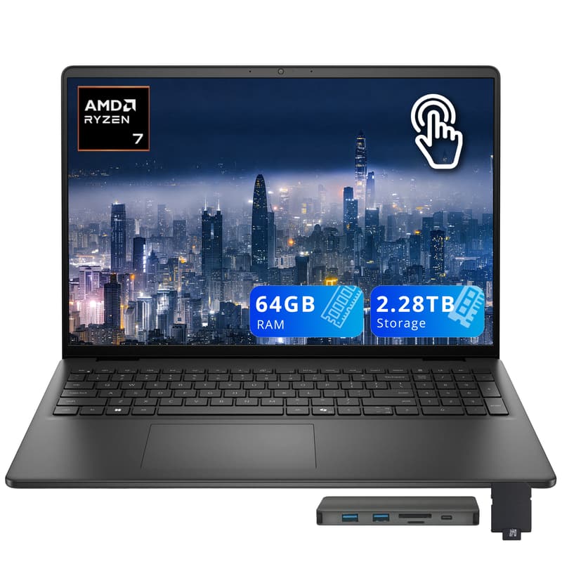 Dell - 16 16" FHD+ Touch Laptop,Ryzen 7 250,64GB RAM,2TB SSD+288GB Dock Set,AMD Radeon GPU,Backlit Keyboard,Win 11 - Black