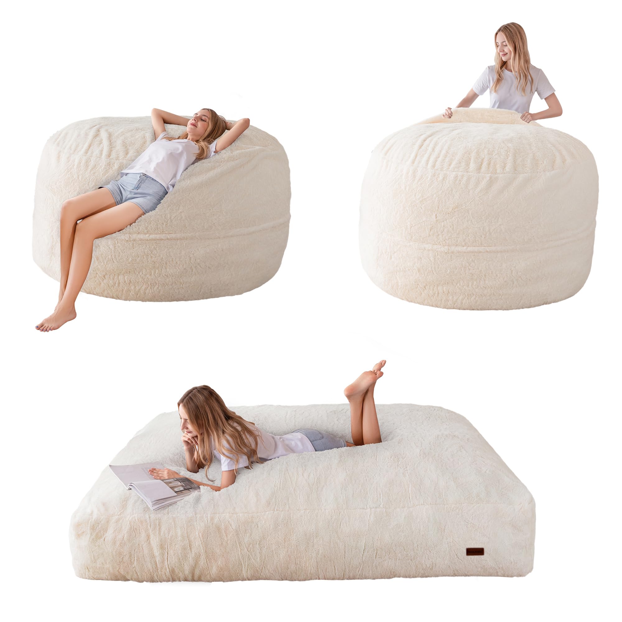 JETRANSPORT - Giant Bean Bag Chair Bed For Adults Convertible Beanbag Folds From Lazy To Floor Mattress Large Sofa - Beige Queen