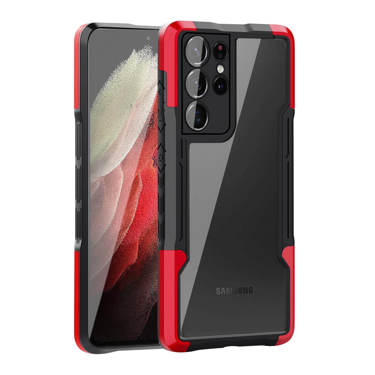 Front. Reiko - Shockproof Excellent Grip With Silky Feeling For Samsung Galaxy S21 Ultra In Red - Red.