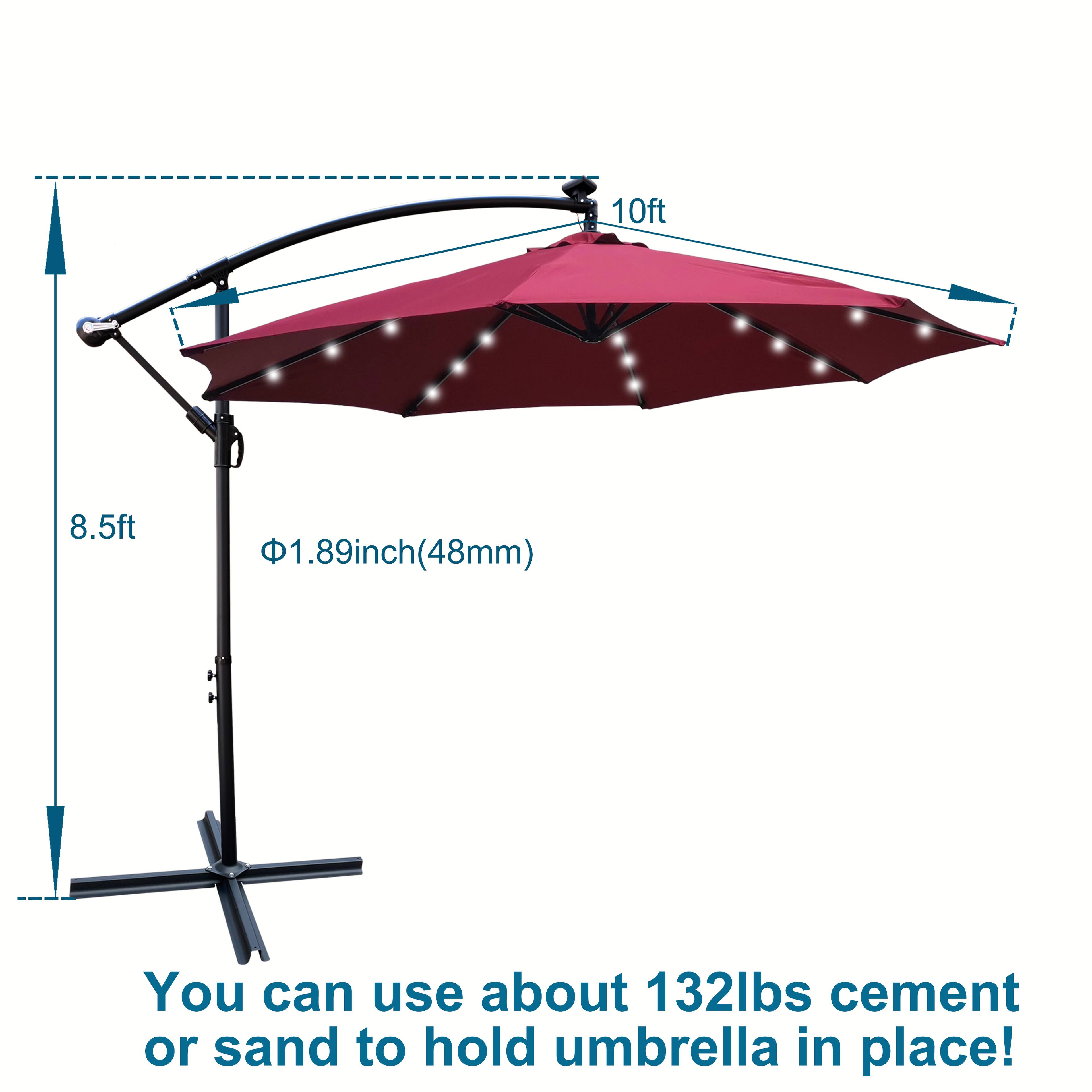 10ft  
8.5ft  
1.89inch (48mm)  

You can use about 132lbs cement or sand to hold umbrella in place!