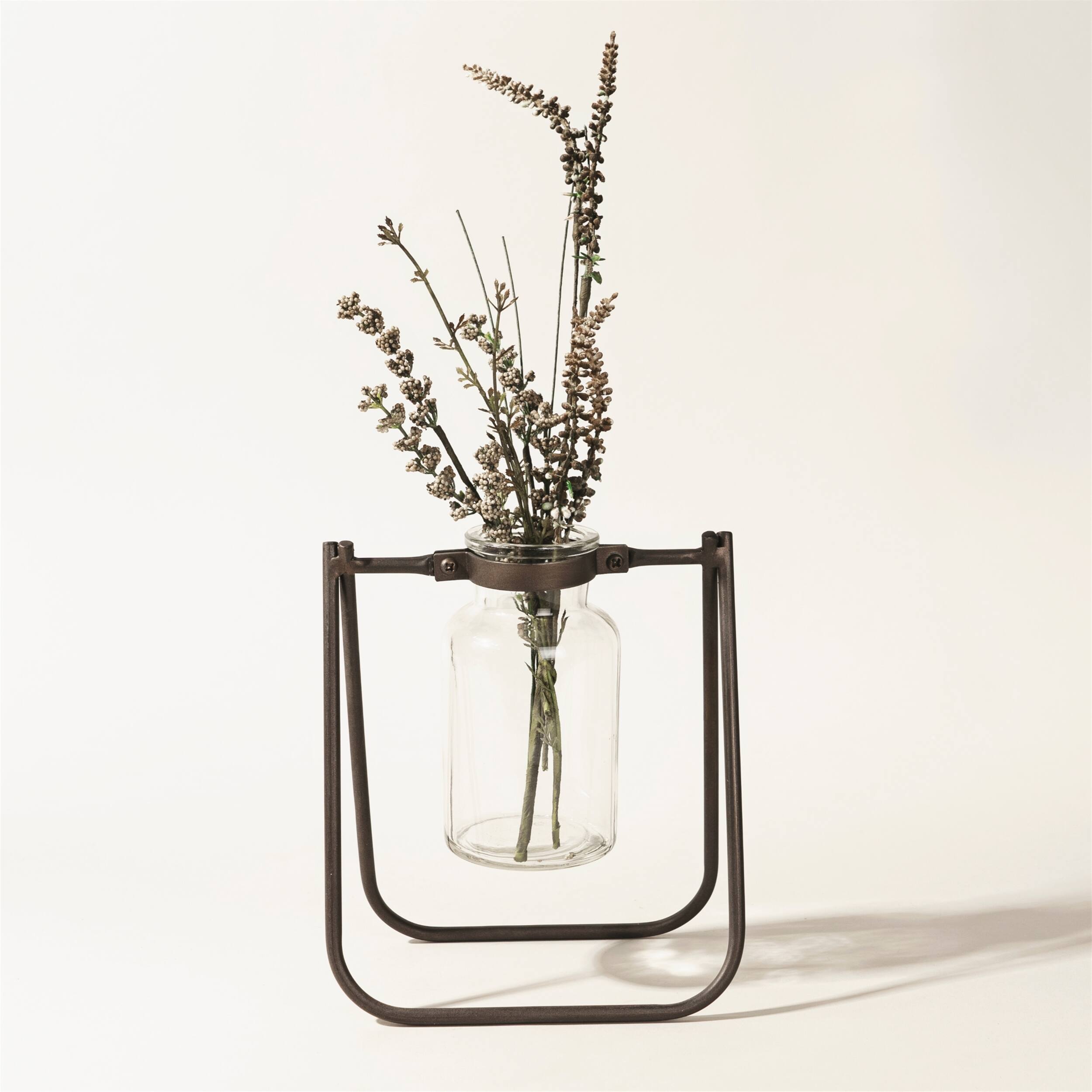 Alt View 4. BreeBe - Hanging Glass Jar Vase with Metal Stand (Set of 2) - Brown, Clear.