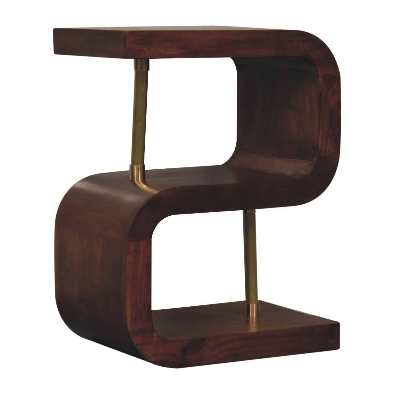 Left. Artisan Furniture - Artisan Furniture Solid Wood S-curve Brass Bedside, 2 Open Shelves, Dark Brown - Chestnut.
