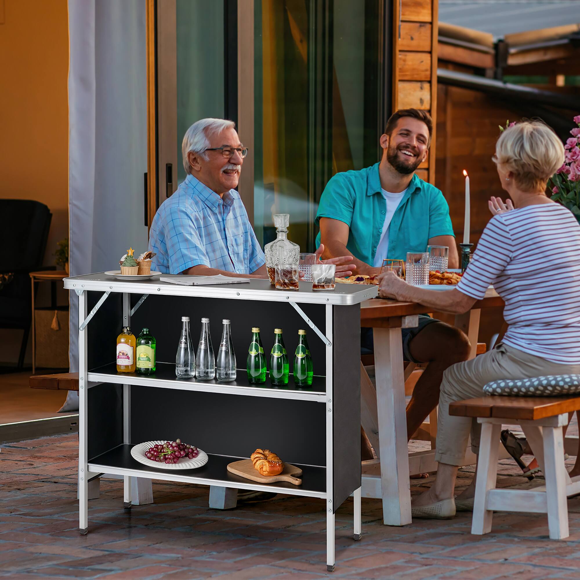 Angle. Costway - Folding Camping Table Aluminum Portable Picnic Table with 2-Tier Shelves Black - Black.