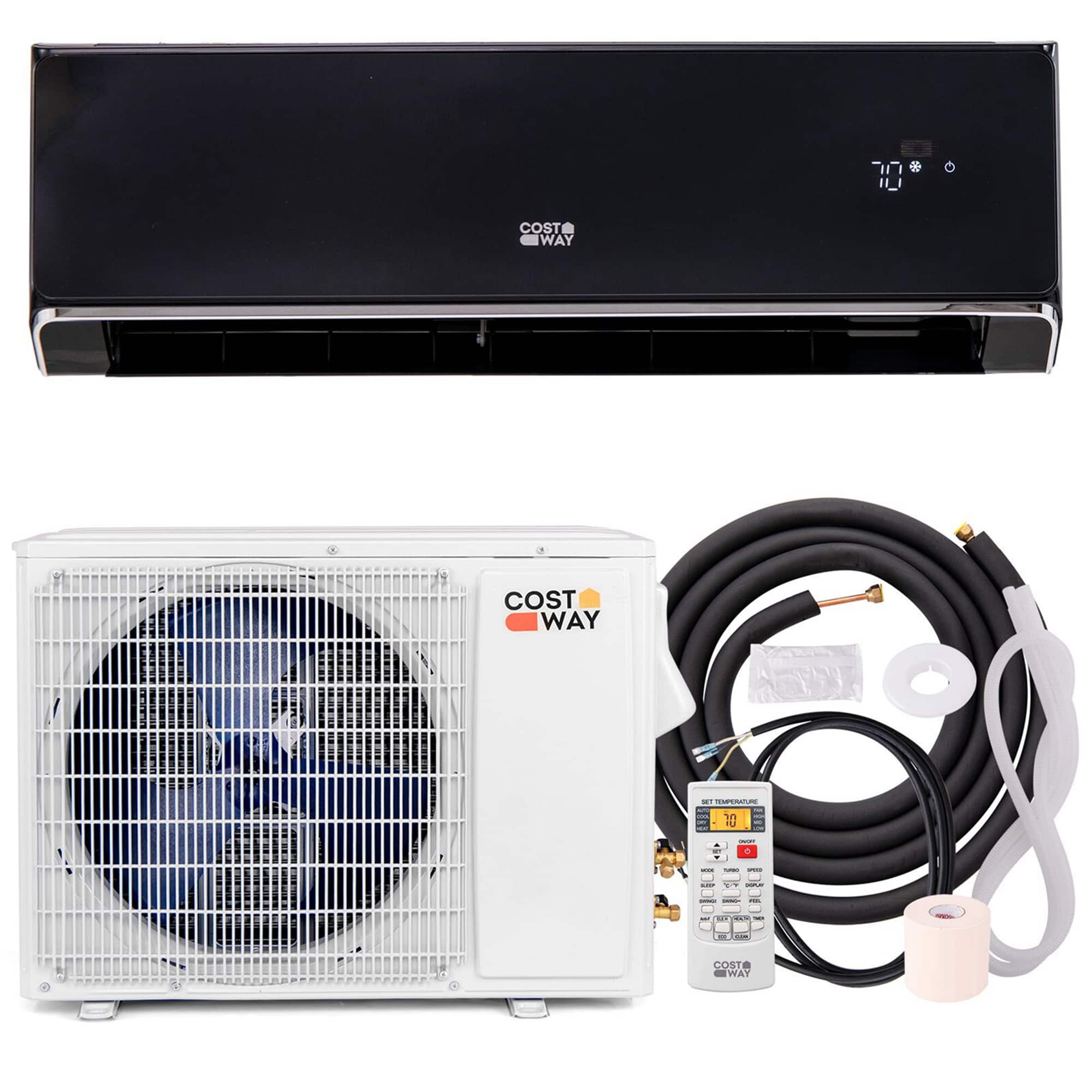 The image features a white air conditioner and a black heater, both of which are made by the brand Cost Way. The air conditioner is placed on the left side of the image, while the heater is on the right side. The heater is accompanied by a hose and a remote control, which are both placed on the right side of the image. The air conditioner is also accompanied by a remote control, which is located on the left side of the image.