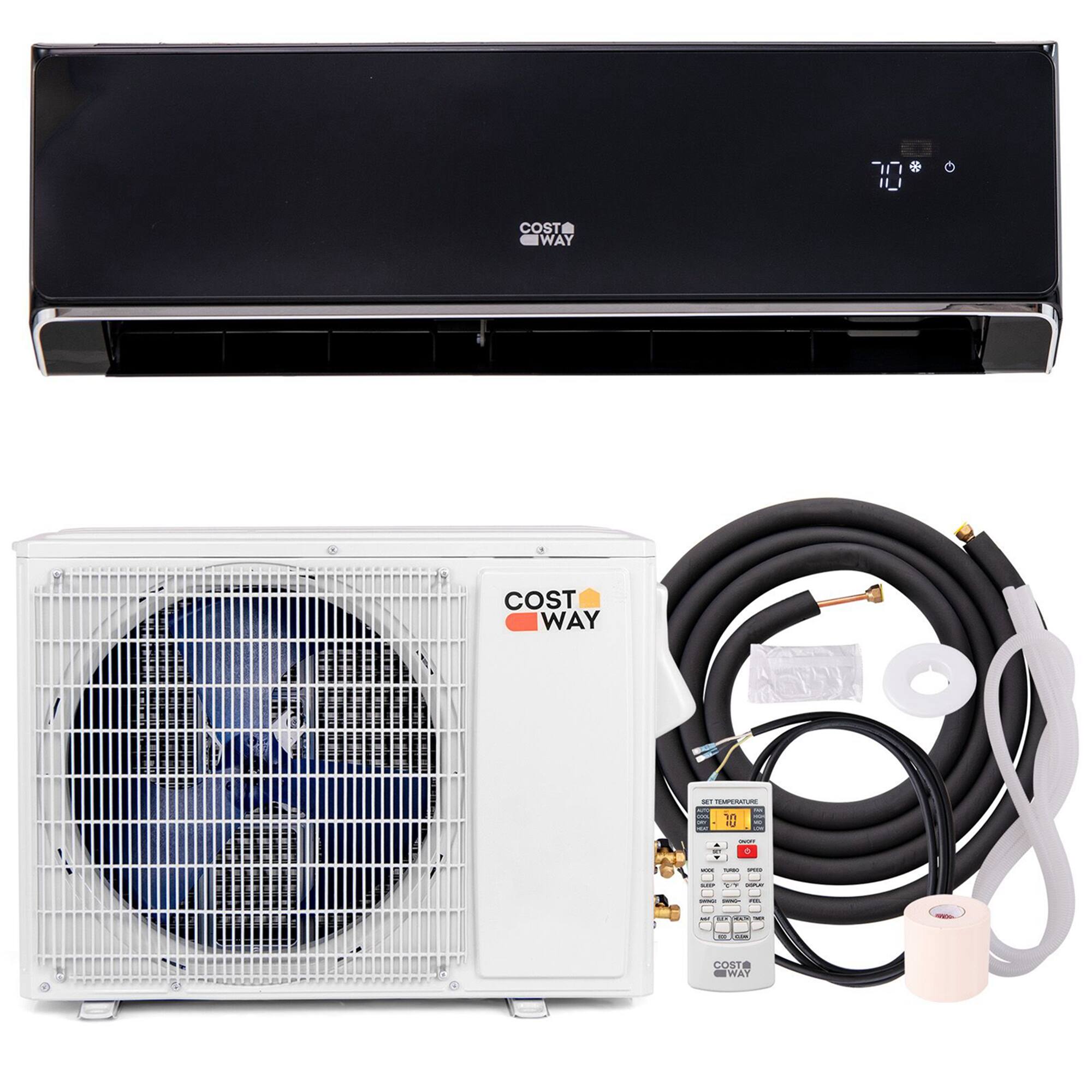 The image features a white air conditioner and a black heater, both of which are made by the brand Cost Way. The air conditioner is placed on the left side of the image, while the heater is on the right side. The heater is accompanied by a hose and a remote control, which are both placed on the right side of the image. The air conditioner is also accompanied by a remote control, which is located on the left side of the image.