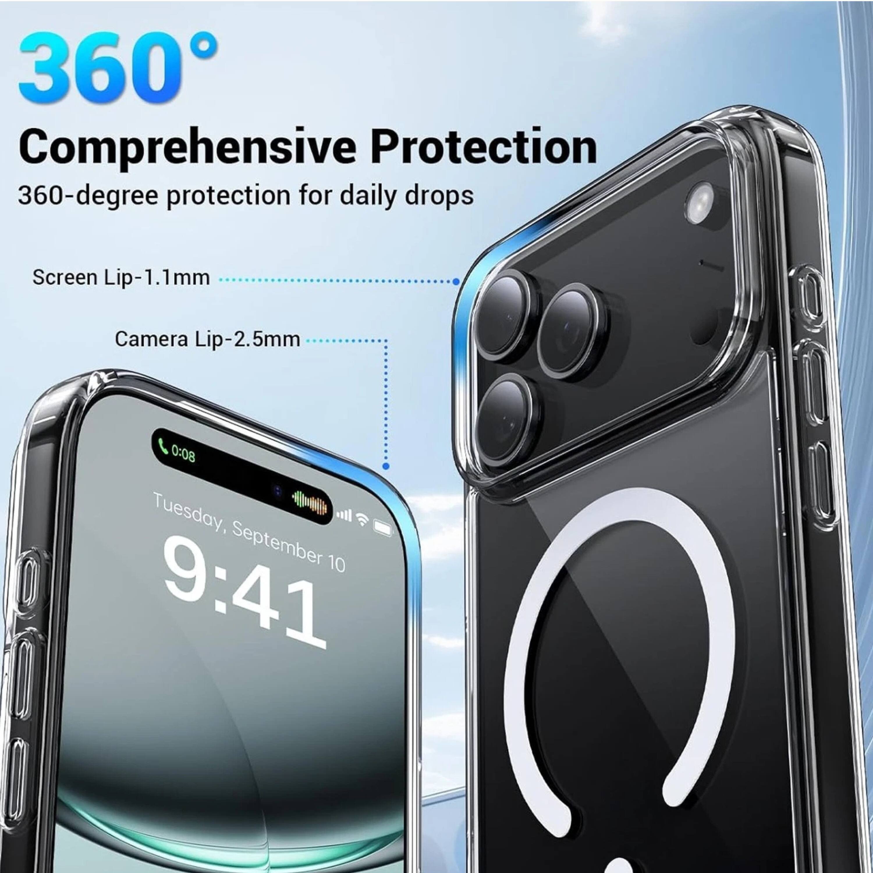 360° Comprehensive Protection  
360-degree protection for daily drops  
Screen Lip-1.1mm  
Camera Lip-2.5mm  

Tuesday, September 10  
9:41