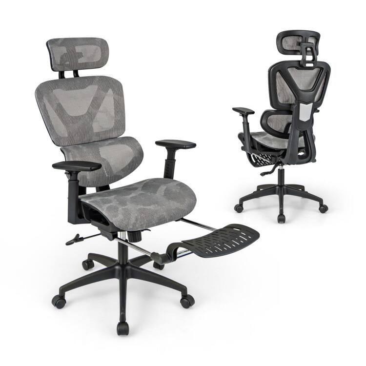 Front. SlickBlue - Mesh Ergonomic Office Chair with Tilt Function and Extendable Footrest - Grey.