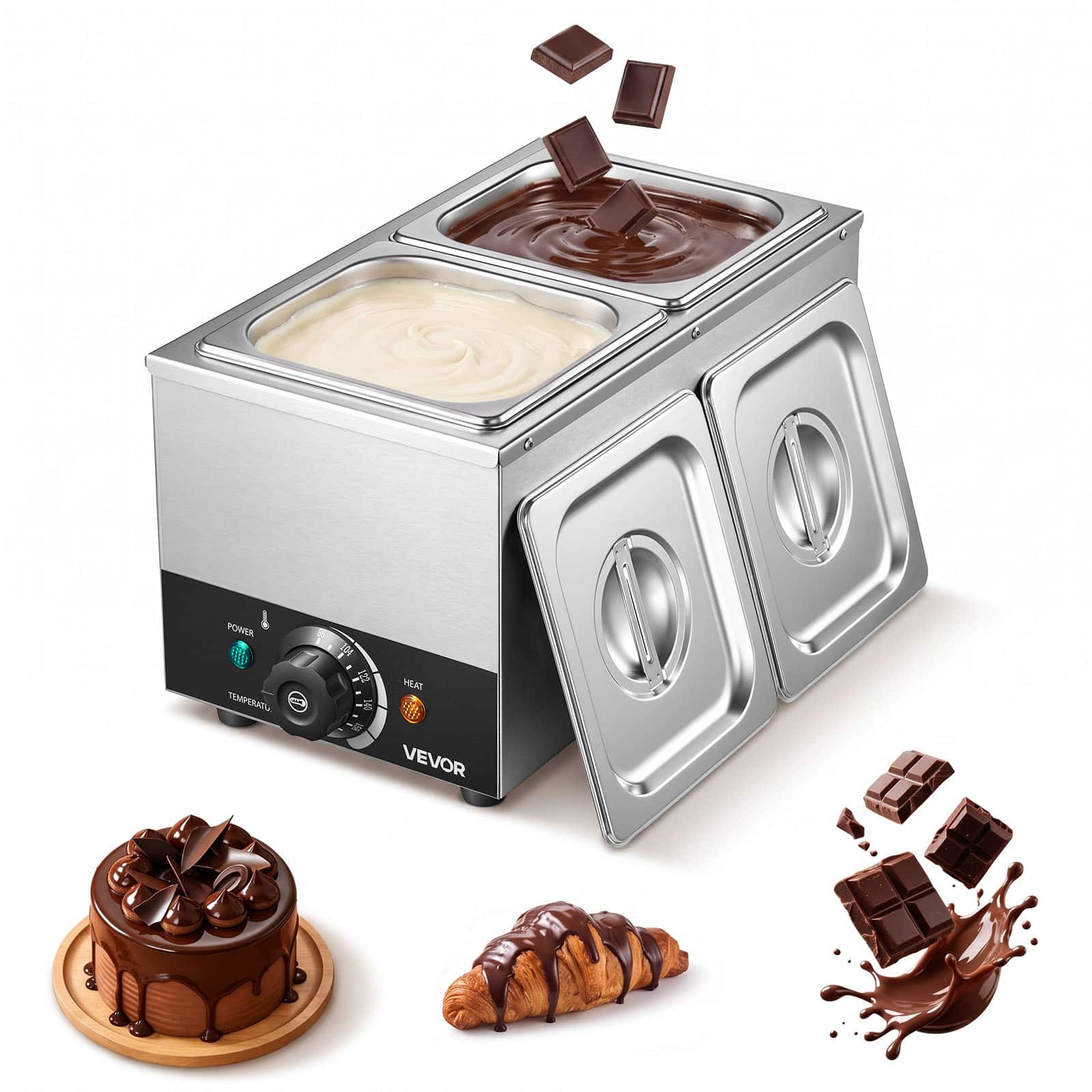 VEVOR - Chocolate Melting Machine, 2 Tanks 9 Lbs Choc Commercial Melter, 800W High Power, Water Bath Heating System - Silver;Black