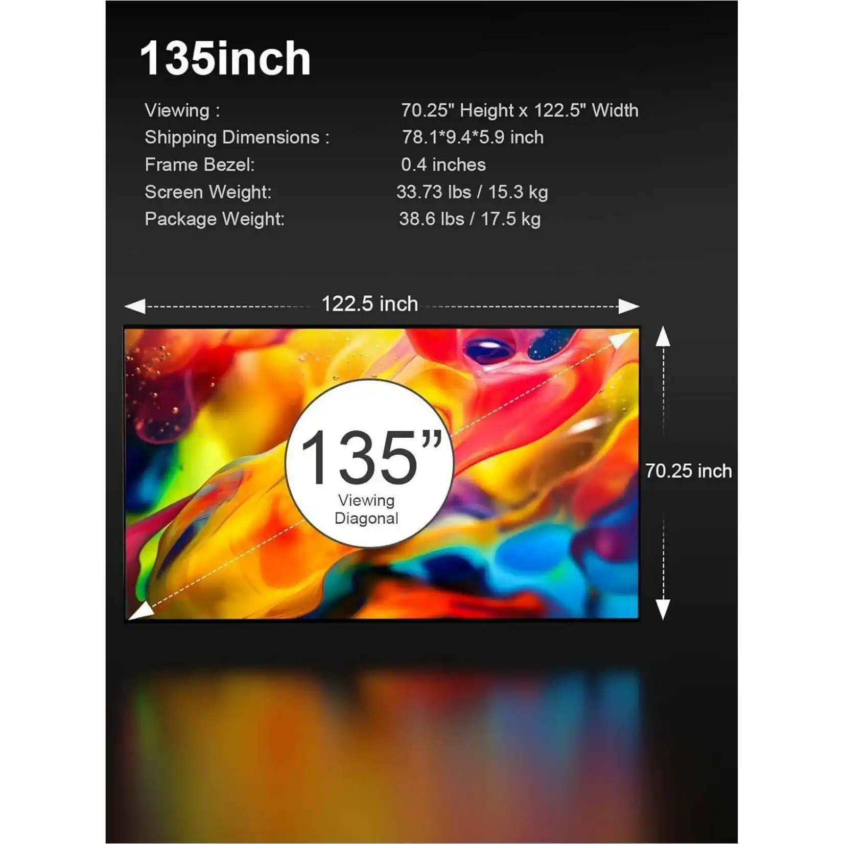 The image features a 135-inch viewing diagonal projector screen. The dimensions of the screen are 70.25 inches in height and 122.5 inches in width. The frame bezel measures 0.4 inches, and the screen itself weighs 33.73 lbs (15.3 kg). The package weight is 38.6 lbs (17.5 kg). The image is categorized as Projector\_Screens.