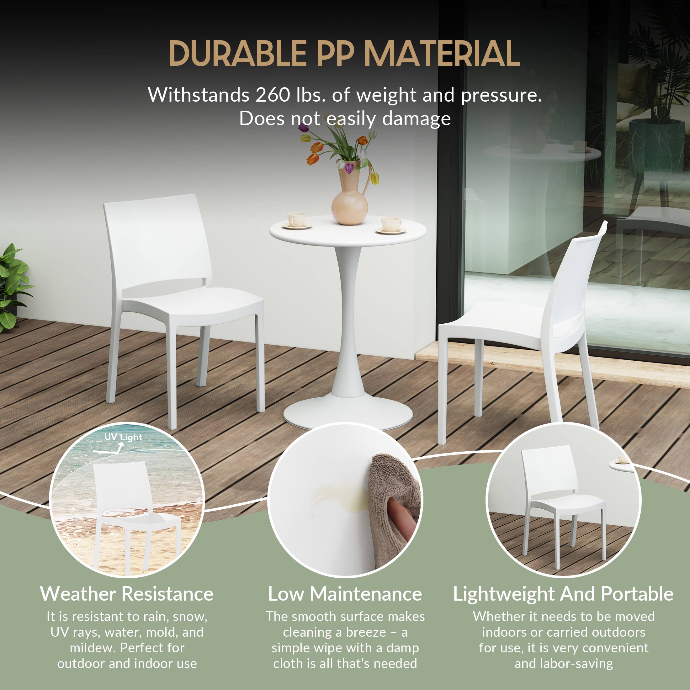 DURABLE PP MATERIAL  
Withstands 260 lbs. of weight and pressure. Does not easily damage

UV Light  
Weather Resistance  
It is resistant to rain, snow, UV rays, water, mold, and mildew. Perfect for outdoor and indoor use

Low Maintenance  
Lightweight And Portable  
The smooth surface makes cleaning a breeze - a simple wipe with a damp cloth is all that's needed and labor-saving
