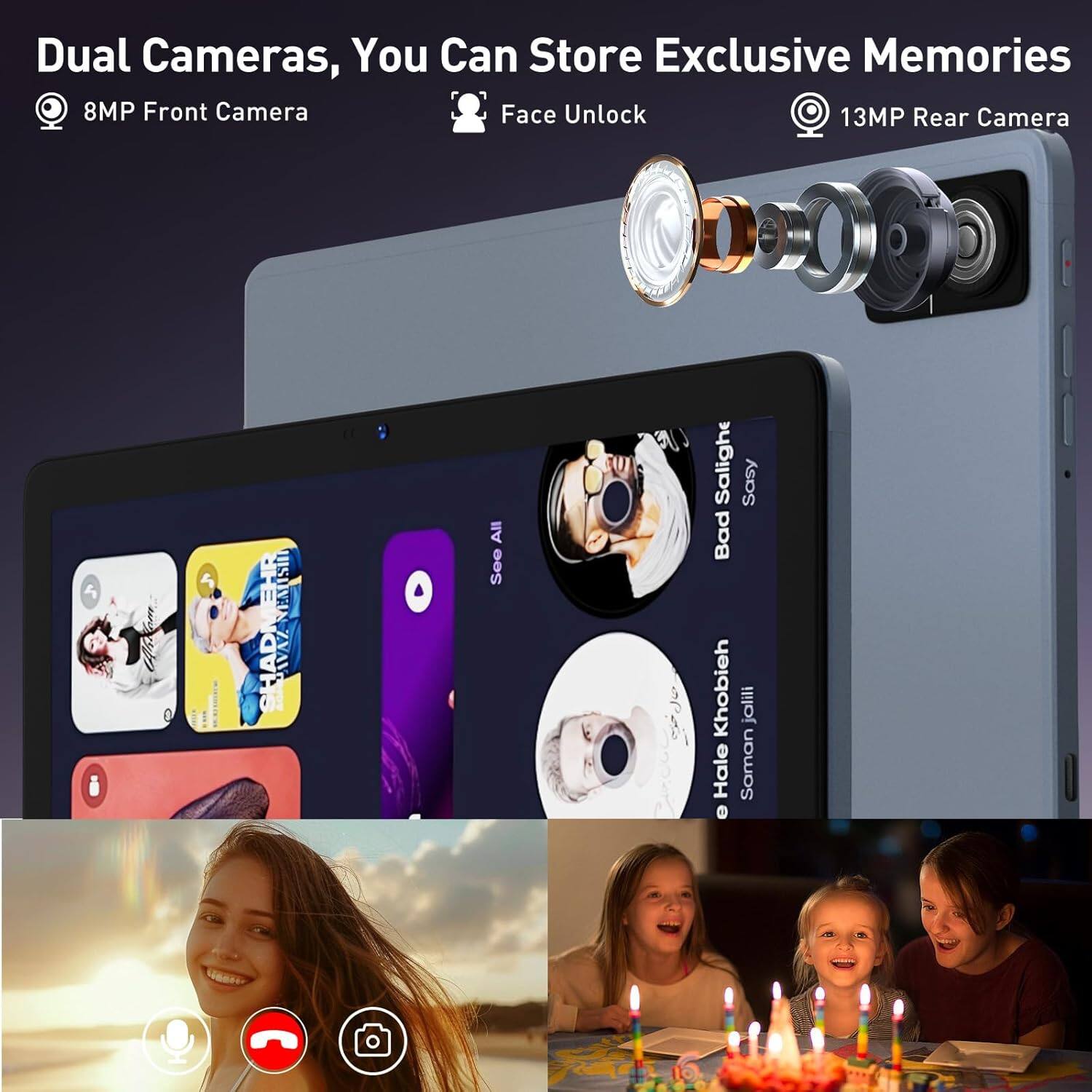Dual Cameras, You Can Store Exclusive Memories

8MP Front Camera  
Face Unlock  
13MP Rear Camera

Bad Saligh  
Sasy  
e Hale Khobieh  
jolili  
Hale Soman e