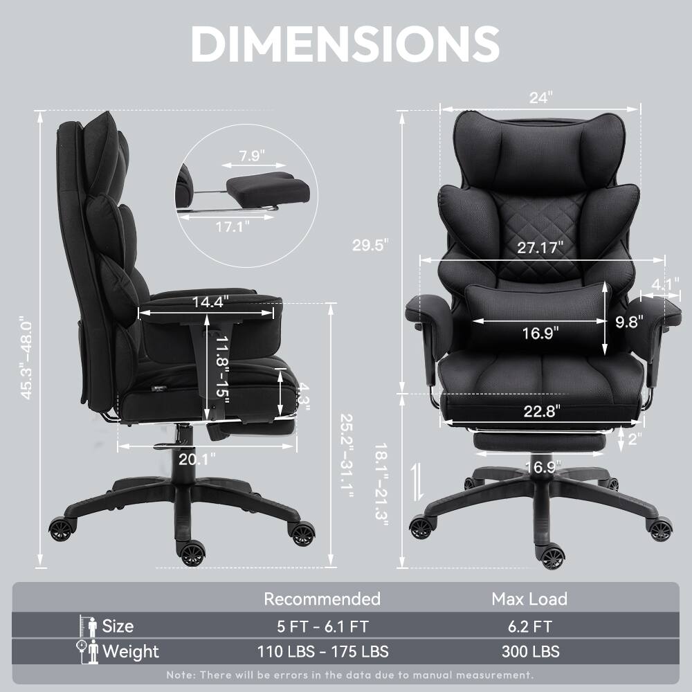 DIMENSIONS  
24"  
7.9"  
17.1"  
29.5"  
27.17"  
45.3"-48.0"  
14.4"  
11.8"-15"  
20.1"  
4.3"  
25.2"-31.1"  
18.1"-21.3"  
.3"  
16.9"  
22.8"  
6.9"  
4.1"  
4.9"  
9.8"  
2"  

Recommended Max Load Size  
5 FT - 6.1 FT  
6.1 FT - 6.2 FT  

Weight  
110 LBS - 175 LBS  
175 LBS - 300 LBS  

Note: There will be errors in the data due to manual measurement.