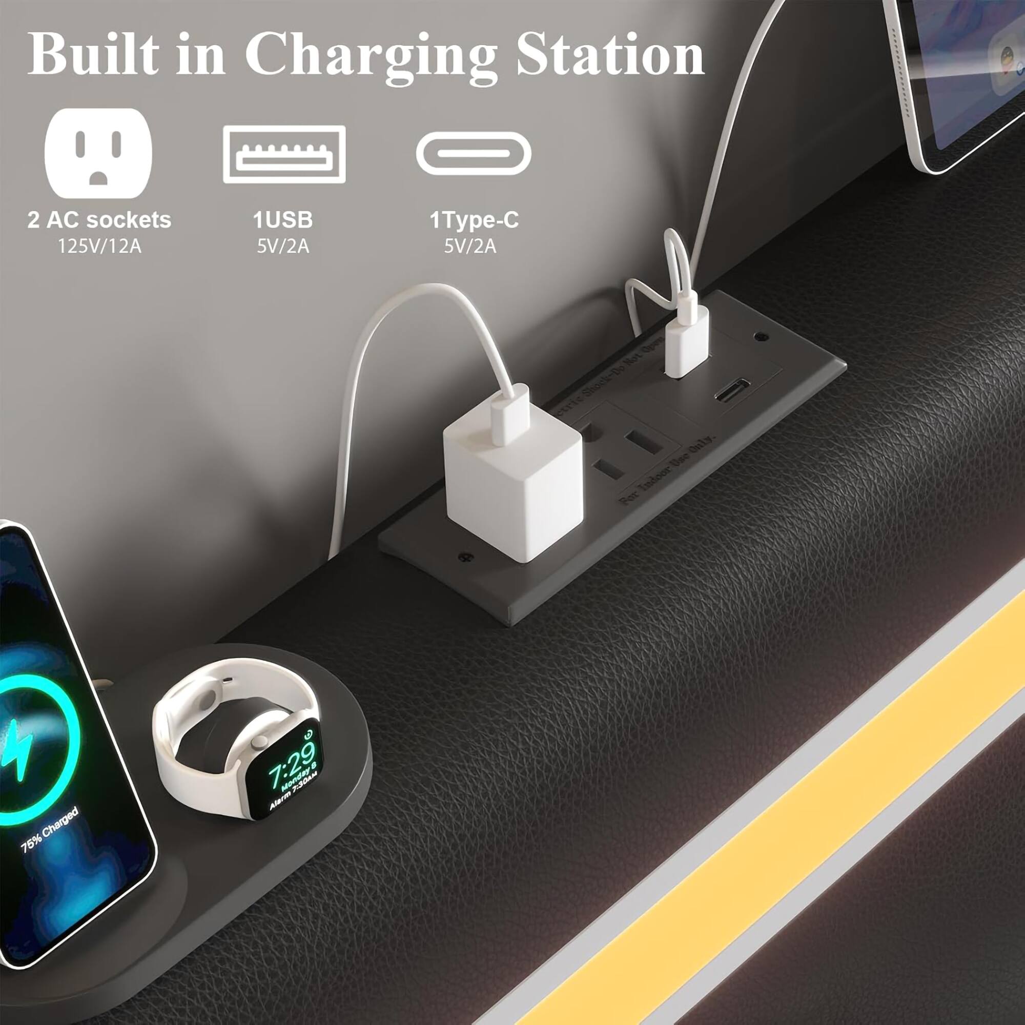 Built in Charging Station

2 AC sockets 125V/12A  
1 USB 5V/2A  
1 Type-C 5V/2A  

Not Shock-Do Not Use Indoors  

Charged 76%  
7:29 AM